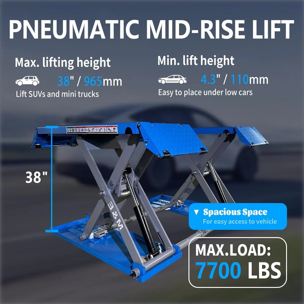 ME 7700lbs Lifting Capacity Mid-Rise Scissor Lift 110V Pneumatic Release Mid Rise Lift Automotive Car Lift Jacks ME-8XP-110V