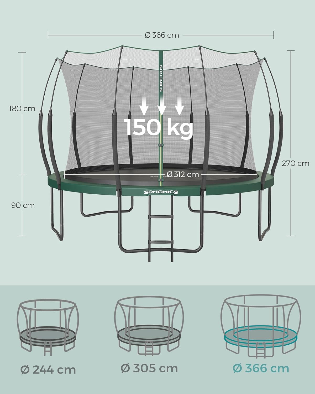 SONGMICS Springless Trampoline Ø 366 cm, Outdoor Trampoline for Children, Elastic Ropes, Safety Net with Zipper, Fiberglass Poles, Safe, Quiet