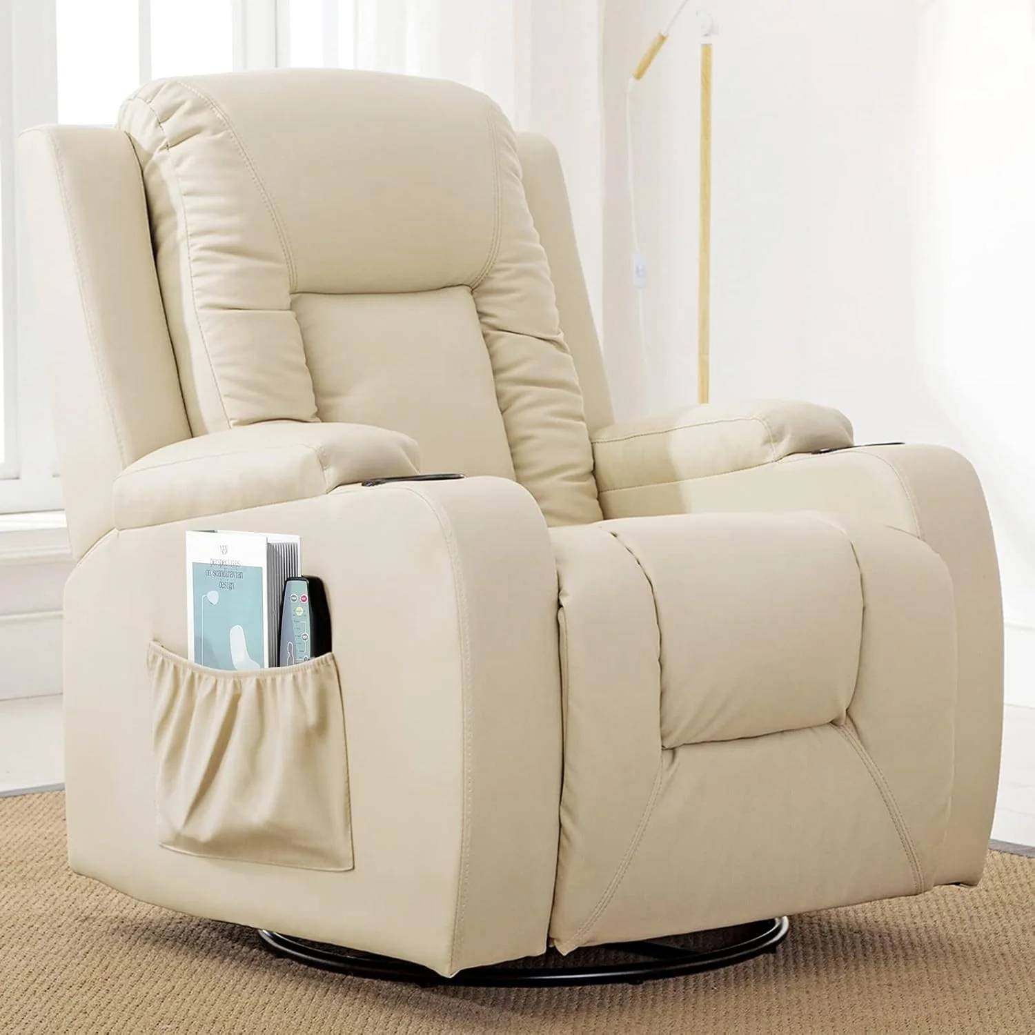The LUCKRACER relaxation chair features a TV chair with a lounge chair and a footstool, a 360° rotating TV chair for the living room, a rocking chair with a drink rack, and two side pockets in black PU leather