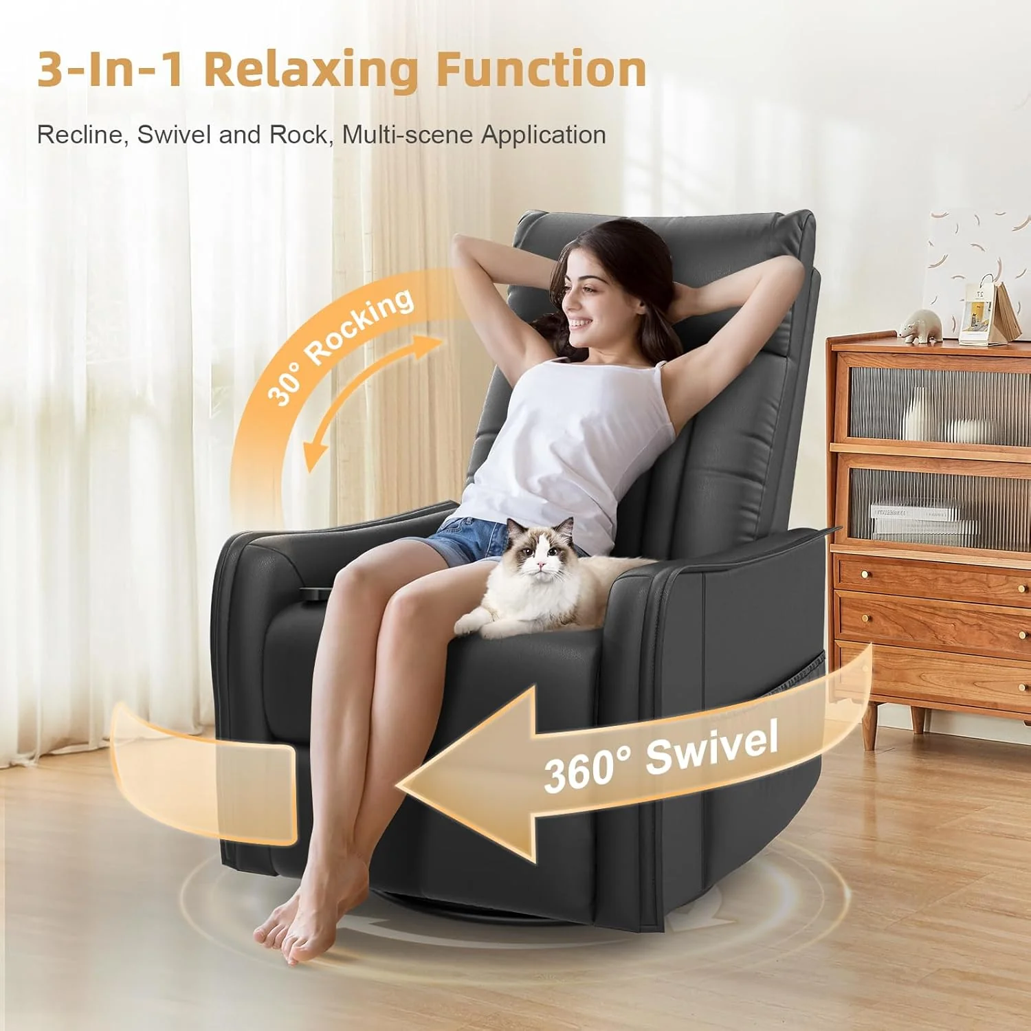 TV armchair with lounge chair, massage chair, relaxation chair with heating and massage, 360° rotating TV armchair, living room, swing chair with soft cushion headrest, 2 side pockets