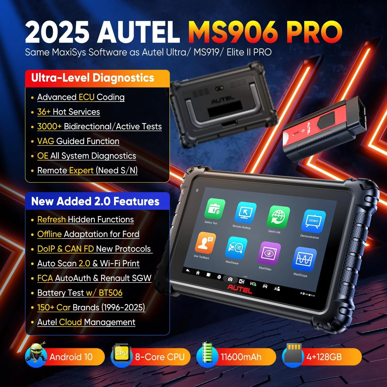 Autel MaxiSYS MS906 PRO Scanner, 2025 MS906PRO V2.0 Same as MS906 MAX, 3000+ Bidirectional Diagnostic Scan Tool Up of MP900BT MS906BT MS908 MK908, CAN FD DoIP, 36+ Service, Auto Scan 2.0, Active Tests