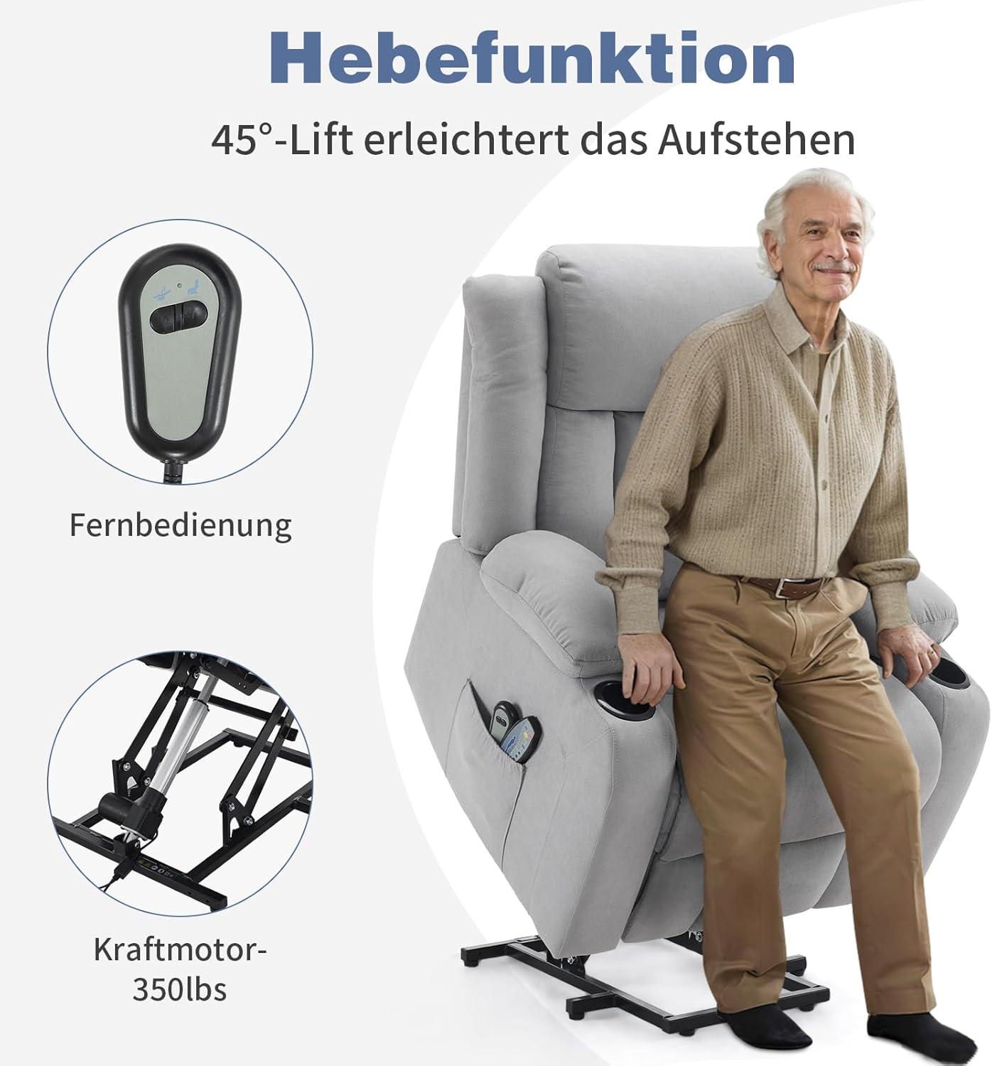 TV armchair with elevator relaxation armchair, electric massage chair with lounge chair function, lift assist, massage heating, 2 side bag drink rack, lounge chair TV armchair