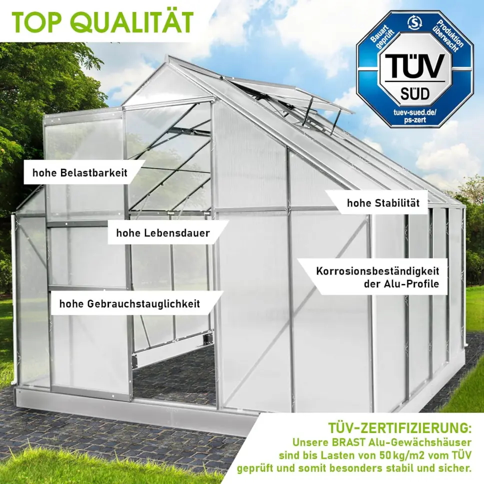 BRAST Aluminium Greenhouse with Base, 250 x 250 x 205 cm, TÜV Tested, 6 mm Hollow Chamber Panels Rustproof, Weatherproof, Temperature-Resistant