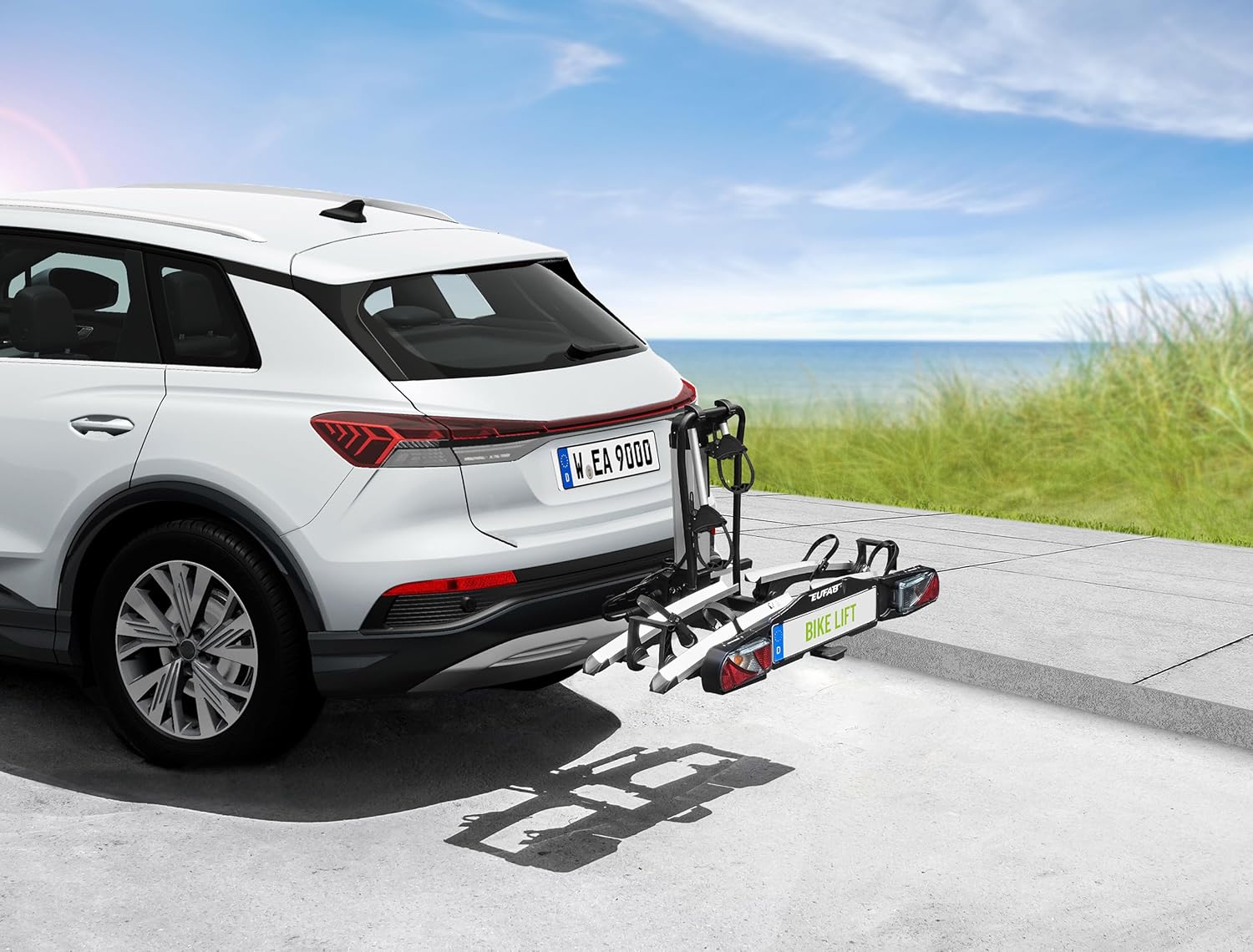 EUFAB 11554 Bicycle Carrier Bike Lift, Suitable for E-Bike, Fully Pre-Assembled, Electric Lower, Theft Protection, for 2 Bikes, for Towing Hitch, 2025 with Strap Frame Holders