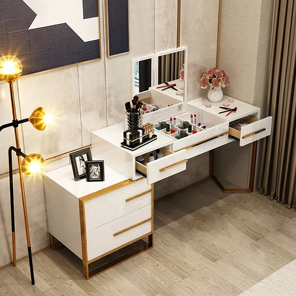 White Makeup Vanity with Storage & Flip Top Mirror 4 Drawers & Golden Base