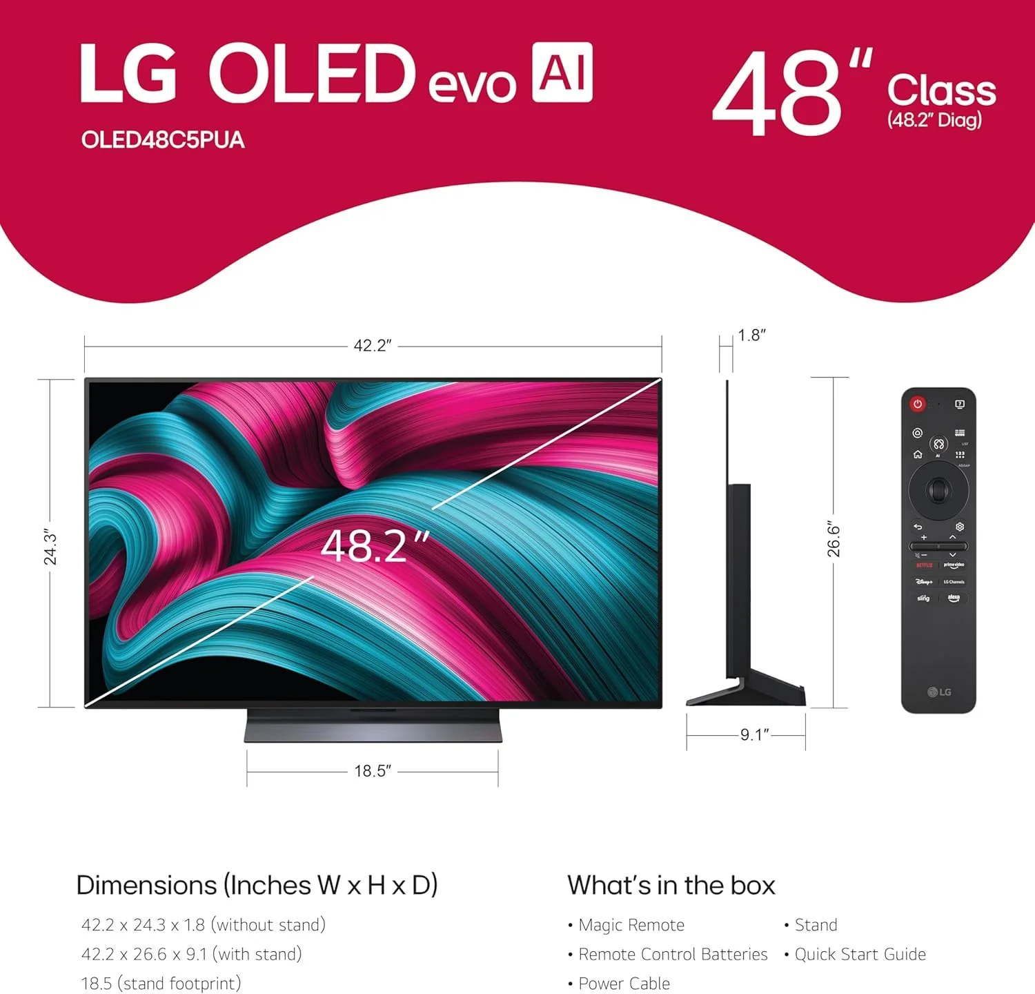LG 48-Inch Class OLED evo AI 4K C5 Series Smart TV w/Dolby Atmos, Dolby Vision, HDR10, AI Super Upscaling 4K, Filmmaker Mode, Wow Orchestra, Alexa Built-in (OLED48C5PUA, 2025)