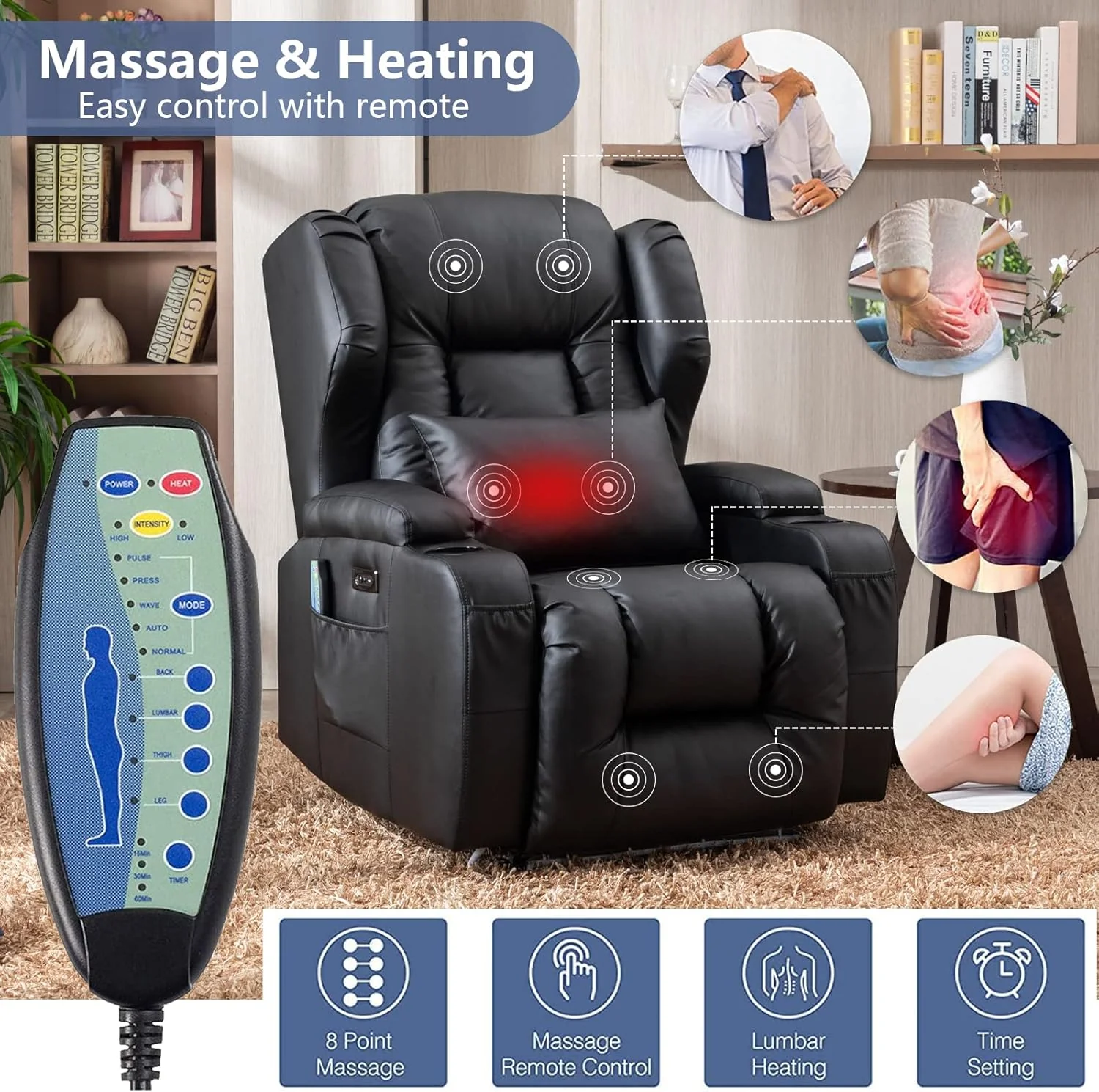 Artificial leather electrically adjustable lounge chair, movie armchair, lounge chair, massage and heating TV armchair, modern lounge chair, living room sofa, weighing 150 kilograms, black