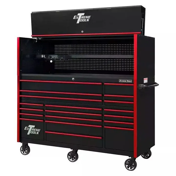 EXTREME TOOLS 72" RX SERIES 19-DRAWER 30" DEEP ROLLER CABINET W/HUTCH - BLACK W/RED DRAWER PULLS