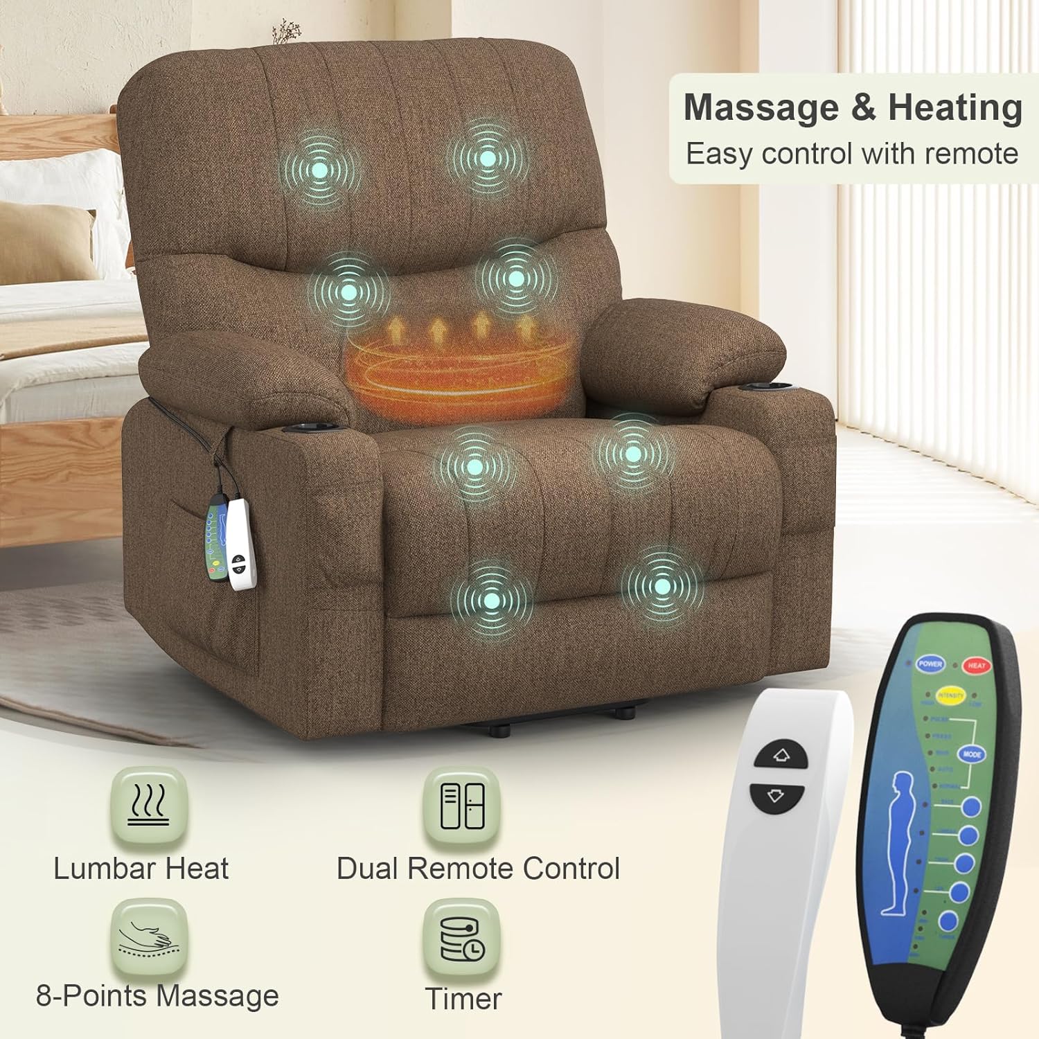 TV armchair, relaxation armchair, massage armchair, heating function, stand up assist, lie down function, electrically adjustable TV armchair, living room with USB&Type-C & cup holder and bag