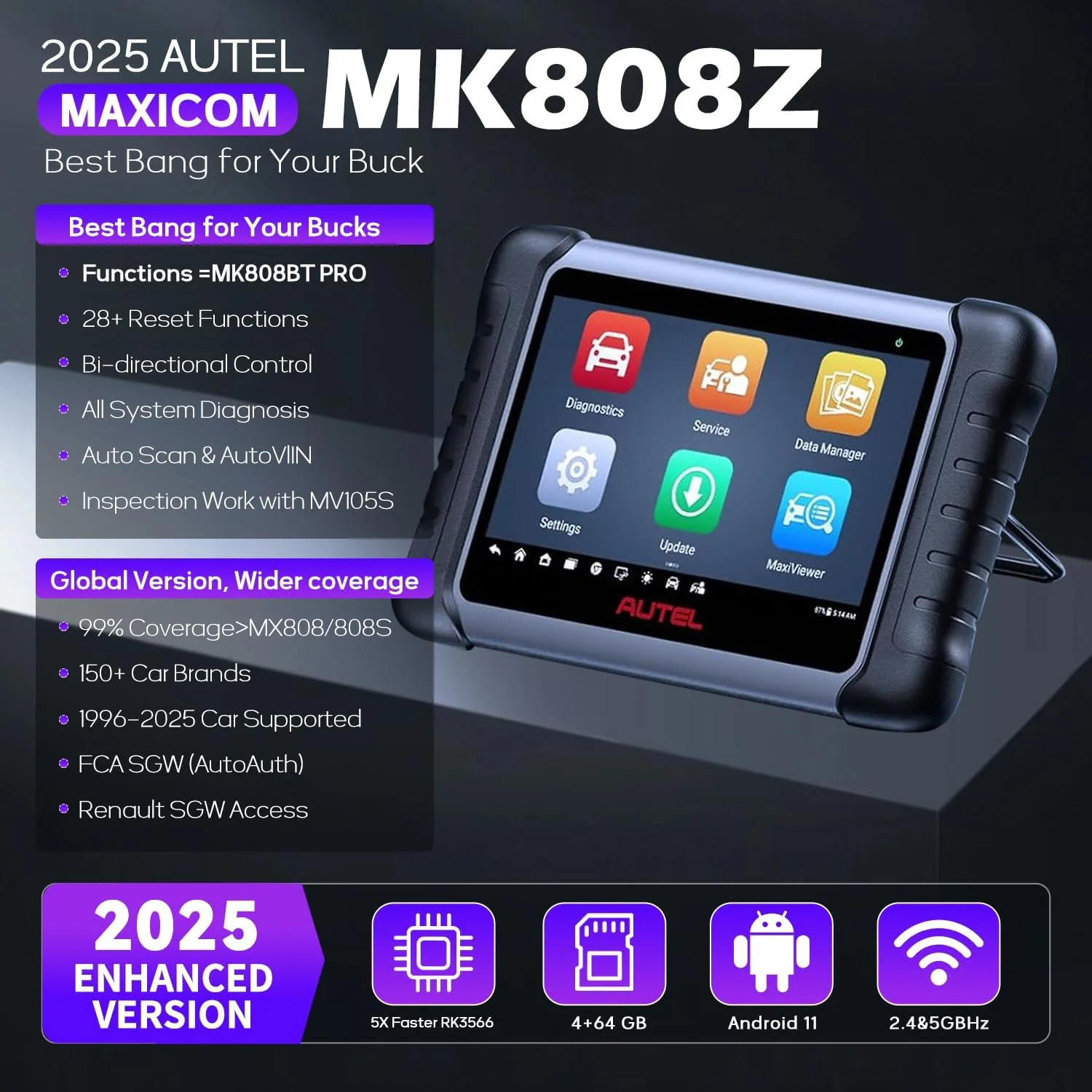 Autel MaxiCOM MK808Z OBD2 Scanner, 2025 Bidirectional Scan Tool Same As MK808S MX808S, Work as MaxiCheck MX900 MK900BT, Active Test, 28+ Service, All System Diagnose, Injector Coding, FCA Autoauth