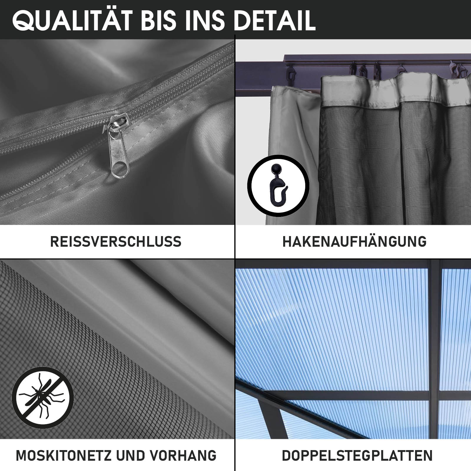 BRAST Alu Pavillon PAGODE 3,5x3,5m dunkelgrau mit Moskitonetz
