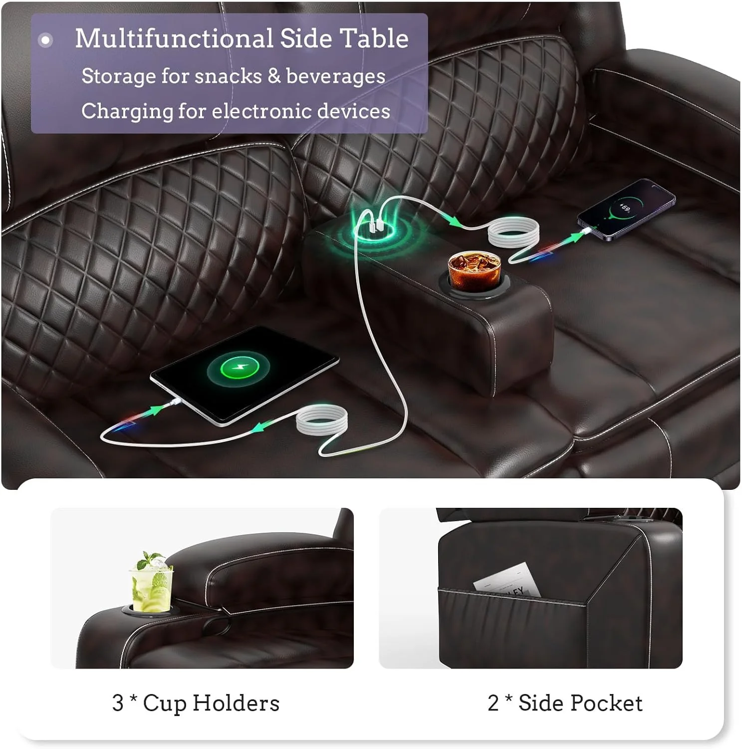 4-seater sofa (2+2) Adjustable 4-seater sofa with semi-automatic relaxation function, relaxation chair cover and console built-in tray bracket, dual USB ports, side pockets