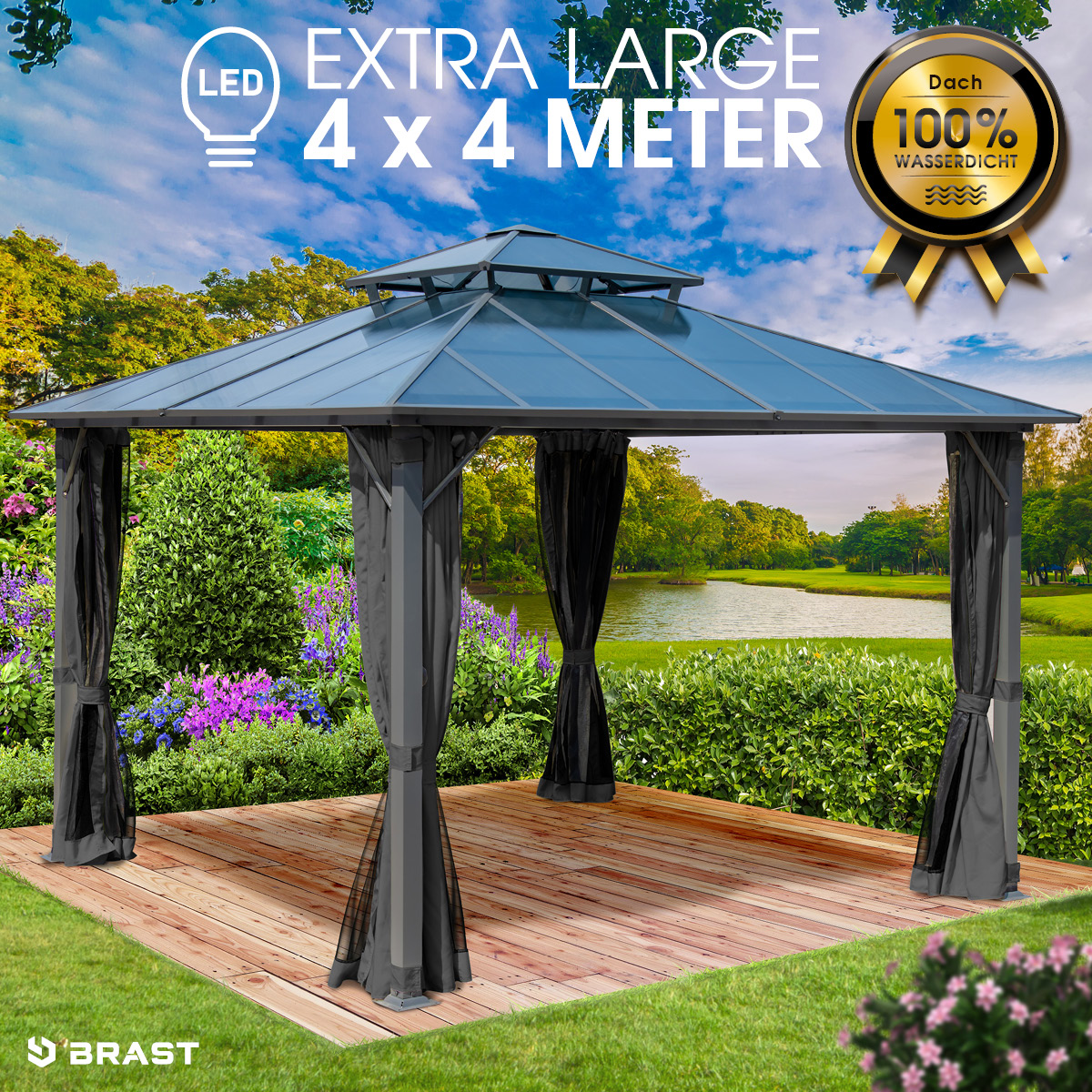 BRAST Alu Pavillon PAGODE 4x4m dunkelgrau mit Moskitonetz