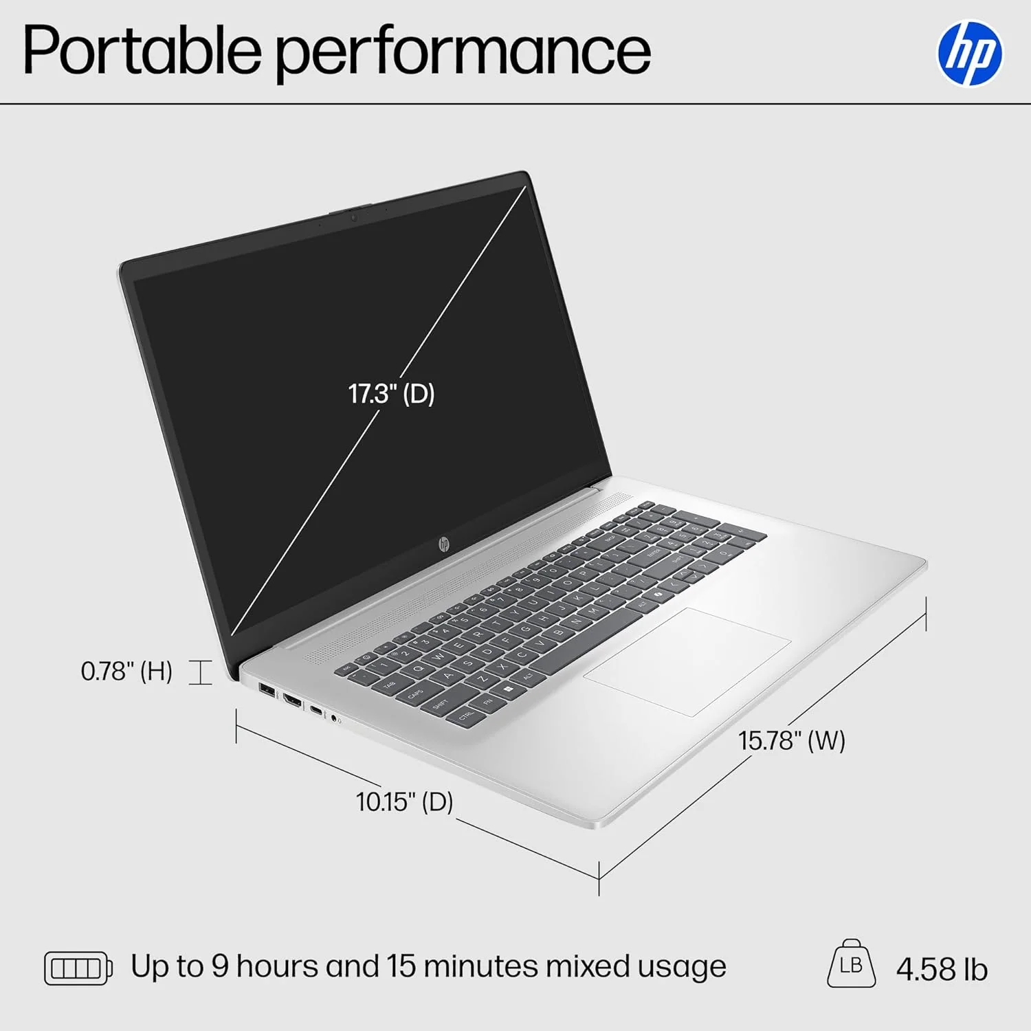 HP 17.3 inch Laptop, HD+ Display, AMD Ryzen 5 7520U, 16 GB RAM, 512 GB SSD, AMD Radeon Graphics, Windows 11 Home, Natural Silver, 17-cp2199nr
