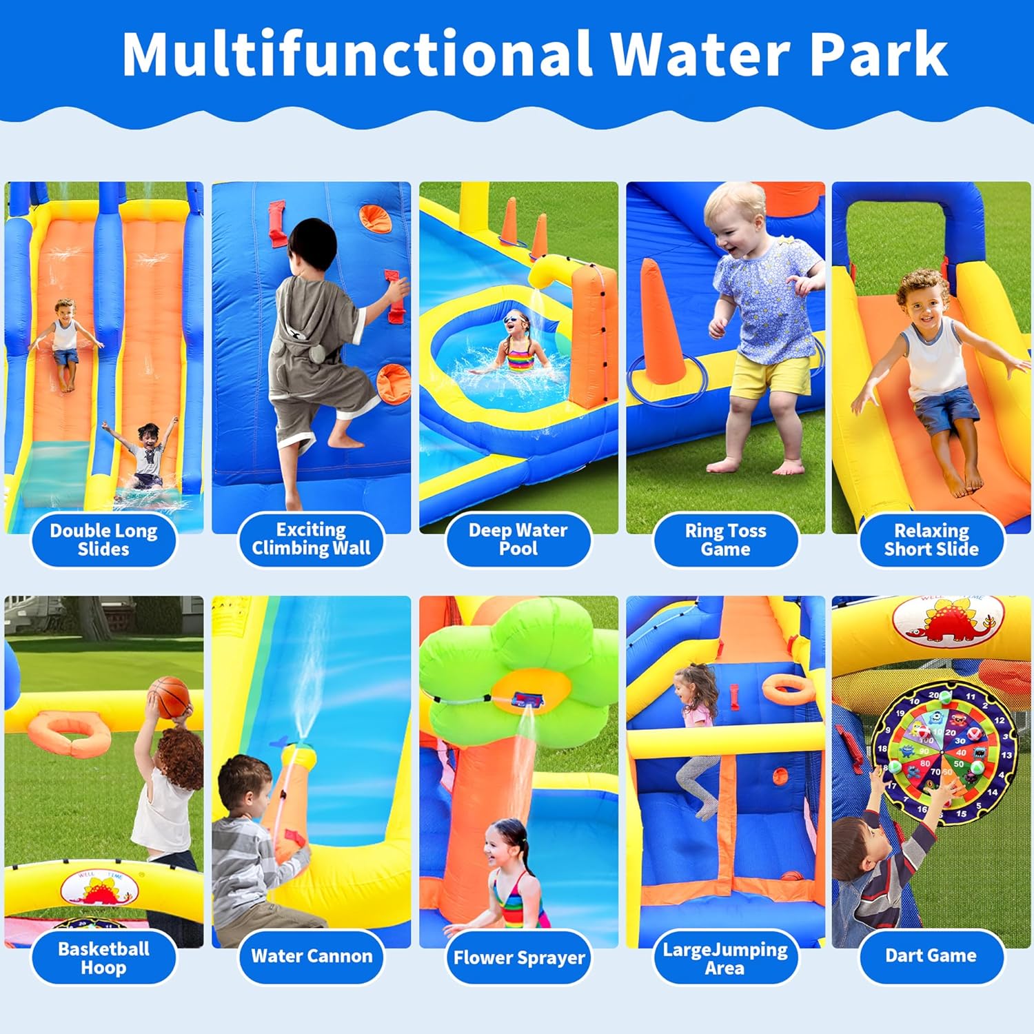 Inflatable Water 3 Slides Park with Blower, Inflatable Bounce House with Climbing Wall, Water Cannon, Dartboard, Flower Sprayer and Deep Pool