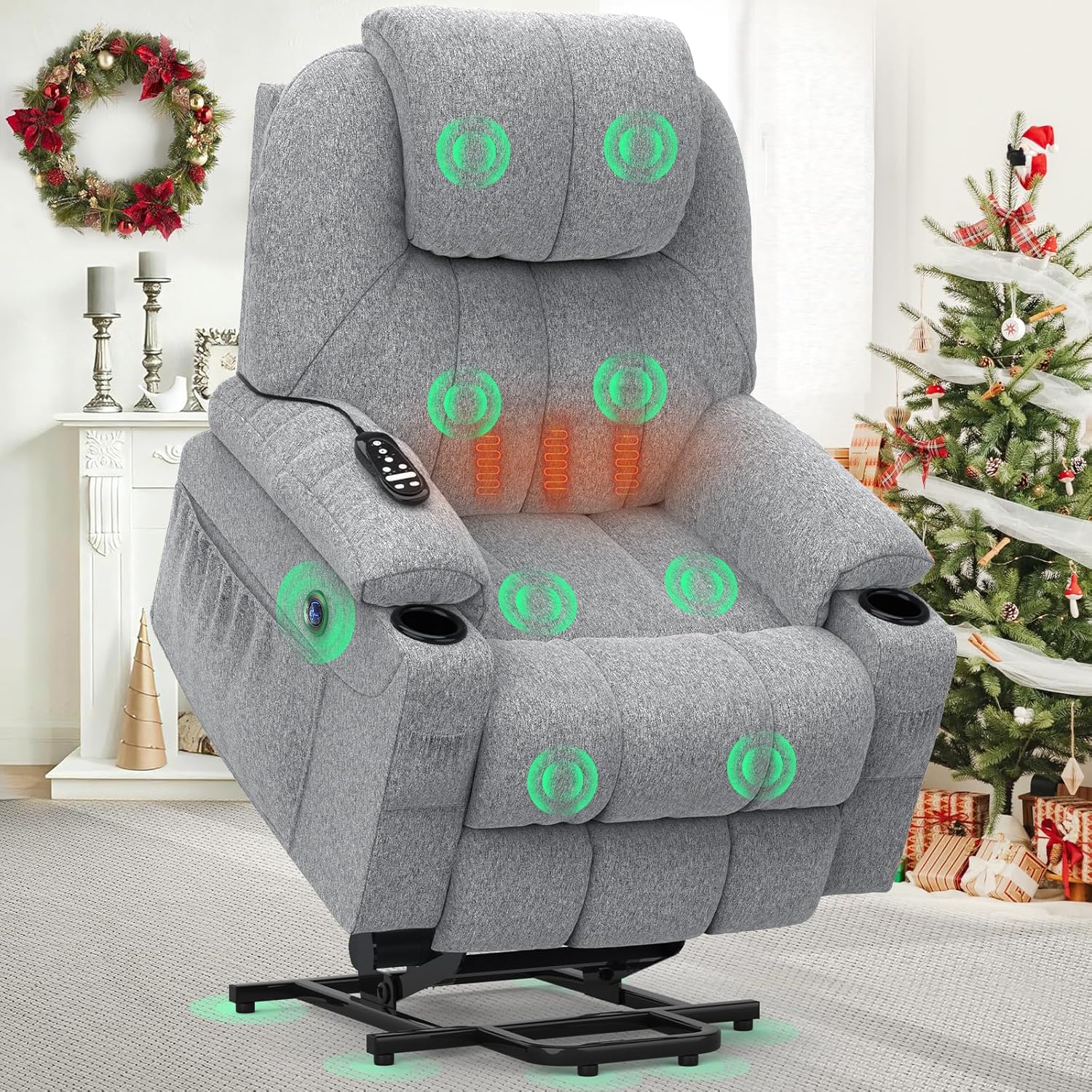 TV armchair is electrically adjustable, an auxiliary massage chair with massage heating function, a high-end armchair, a relaxation chair with feet, 2 side pockets and a drink rack, a USB interface, and is gray