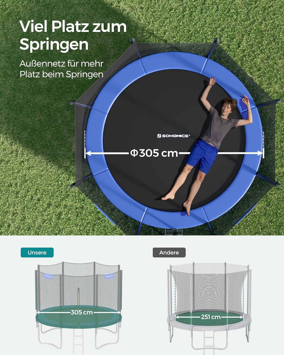 SONGMICS Outdoor Trampoline Ø 305 cm, Round Garden Trampoline with Safety Net, Ladder and Padded Poles