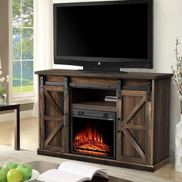 Fireside 48 in. Wooden Electric Fireplace TV Stand in Rustic Brown, with Sliding Barn Door, Entertainment Center