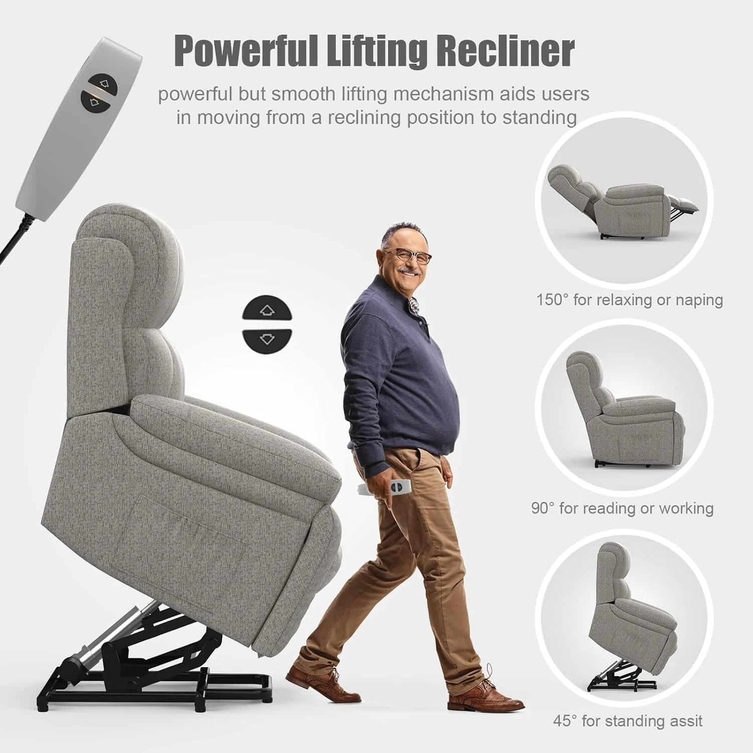 TV armchair, relaxation armchair, electric massage chair, with lounge chair function, standing assistance, massage heating, foot part, 2 side pocket drink racks, C-shaped and USB ports, lounge chair TV armchair living room