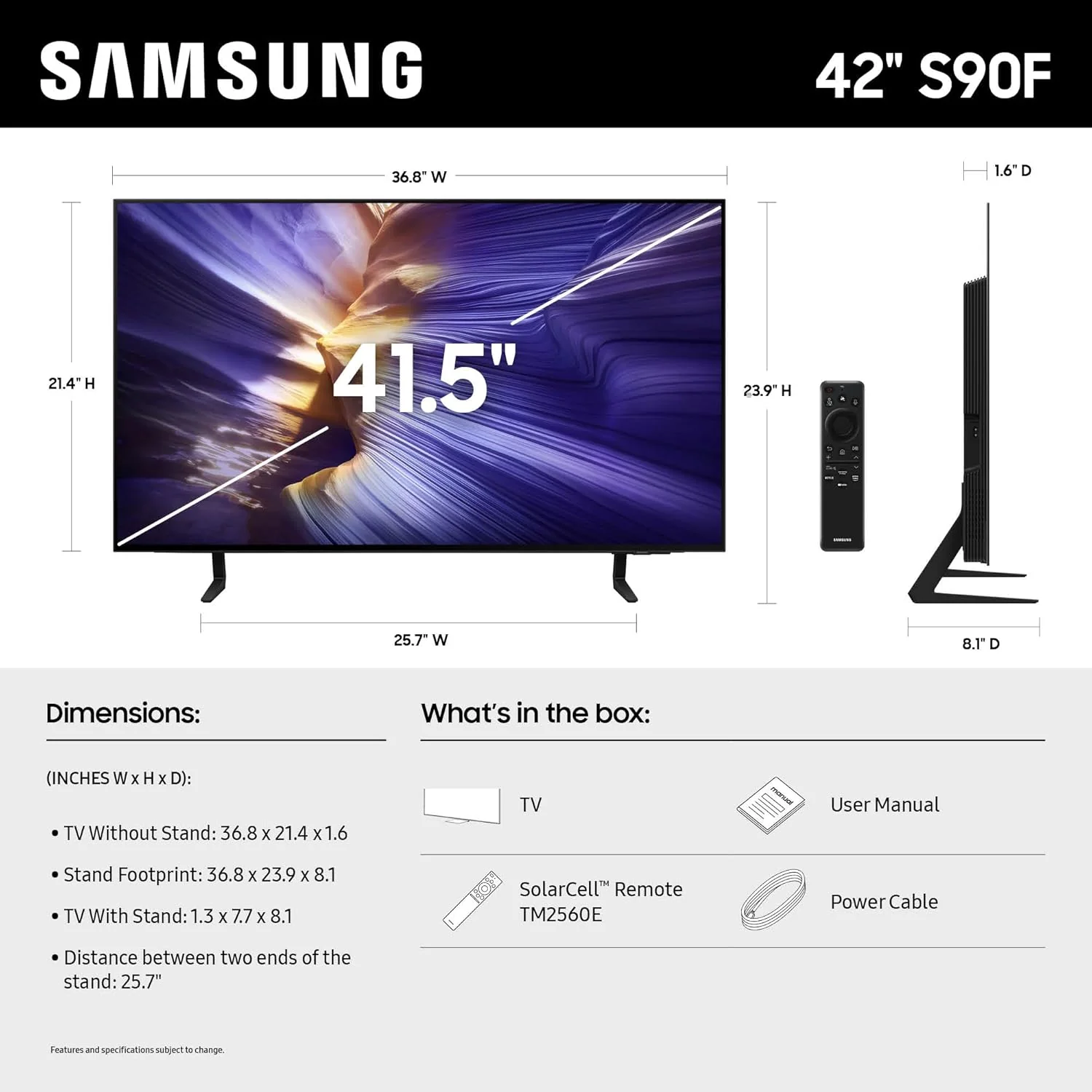 SAMSUNG 42-Inch Class OLED S90F 4K Smart TV (2025 Model) NQ4 AI Gen3 Processor, 4K AI Upscaling Pro, OLED HDR +, Motion Xcelerator 144Hz, Samsung Vision AI, Alexa Built-in