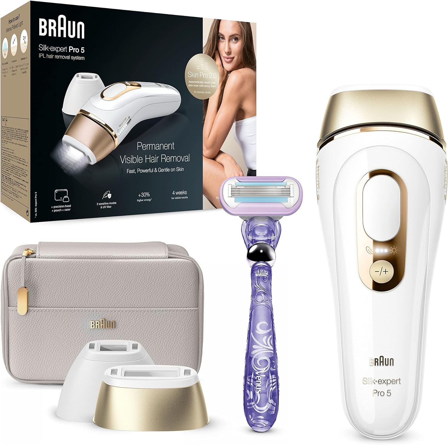 Braun IPL Silk-Expert Pro 5 Hair Removal Device for Permanently Visible Hair Removal, Venus Razor & Bag, Alternative to Laser Hair Removal
