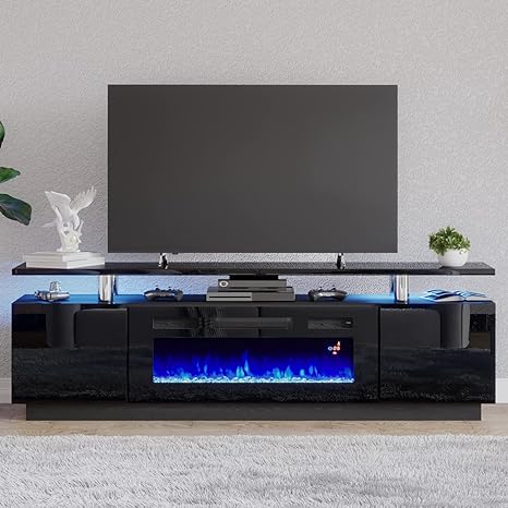 Amerlife Fireplace TV Stand with 36in Fireplace, 70in Modern High Gloss Entertainment Center LED Lights, 2 Tier Console Cabinet for TVs Up to 80in, White