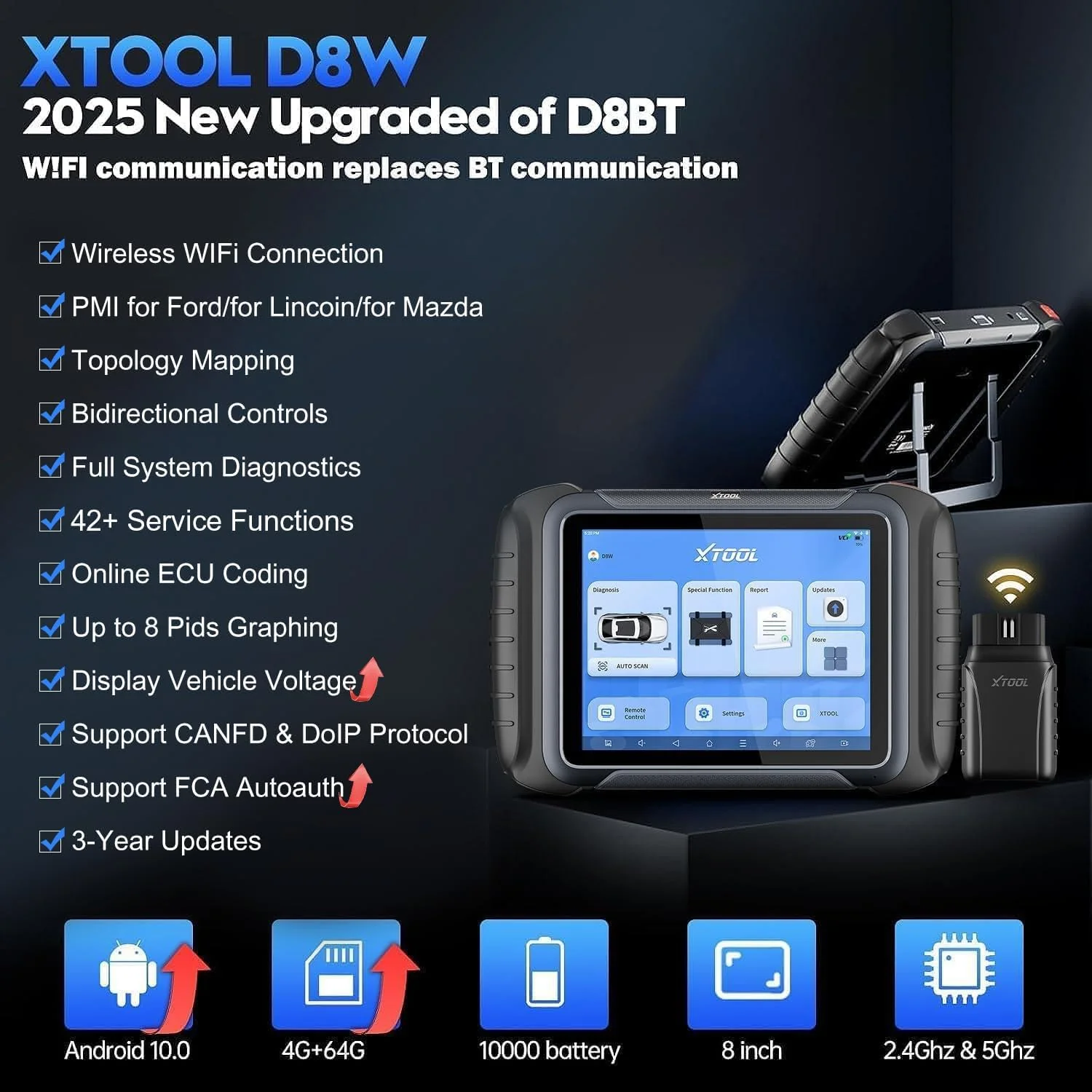 XTOOL D8W OBD2 Scanner Diagnostic Tool Wireless Bidirectional Scan Tool with Topology, ECU C0ding, 42 Reset, Active Tests, Crankshaft Relearn, All System PMI, CANFD/DoIP FCA, 3-Yr Update