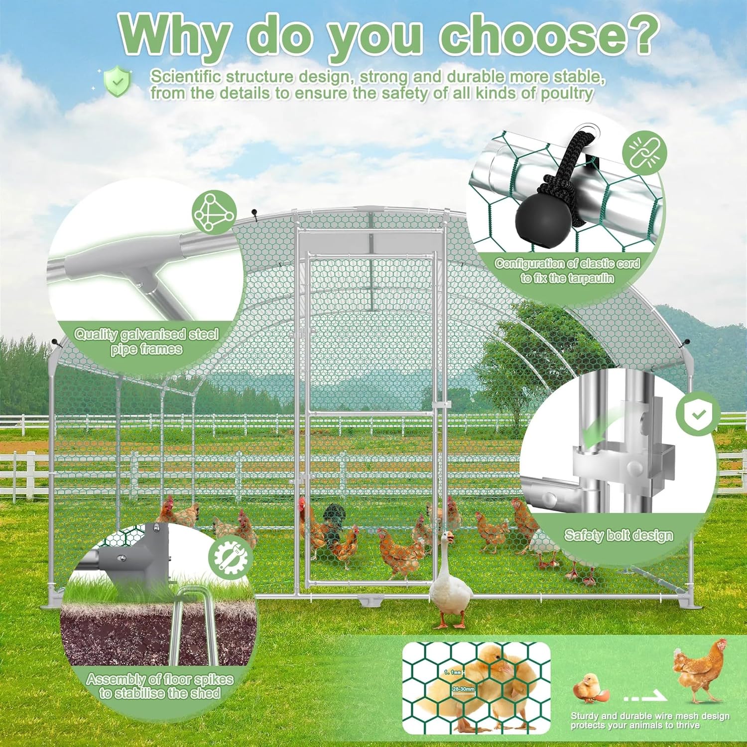 Hühnerstall Metall Freilaufgehege Freigehege, Geflügelstall Kleintiere, Verzinkter Stahlrahmen mit PE Dach, Bogenaufsatz (3x4m)