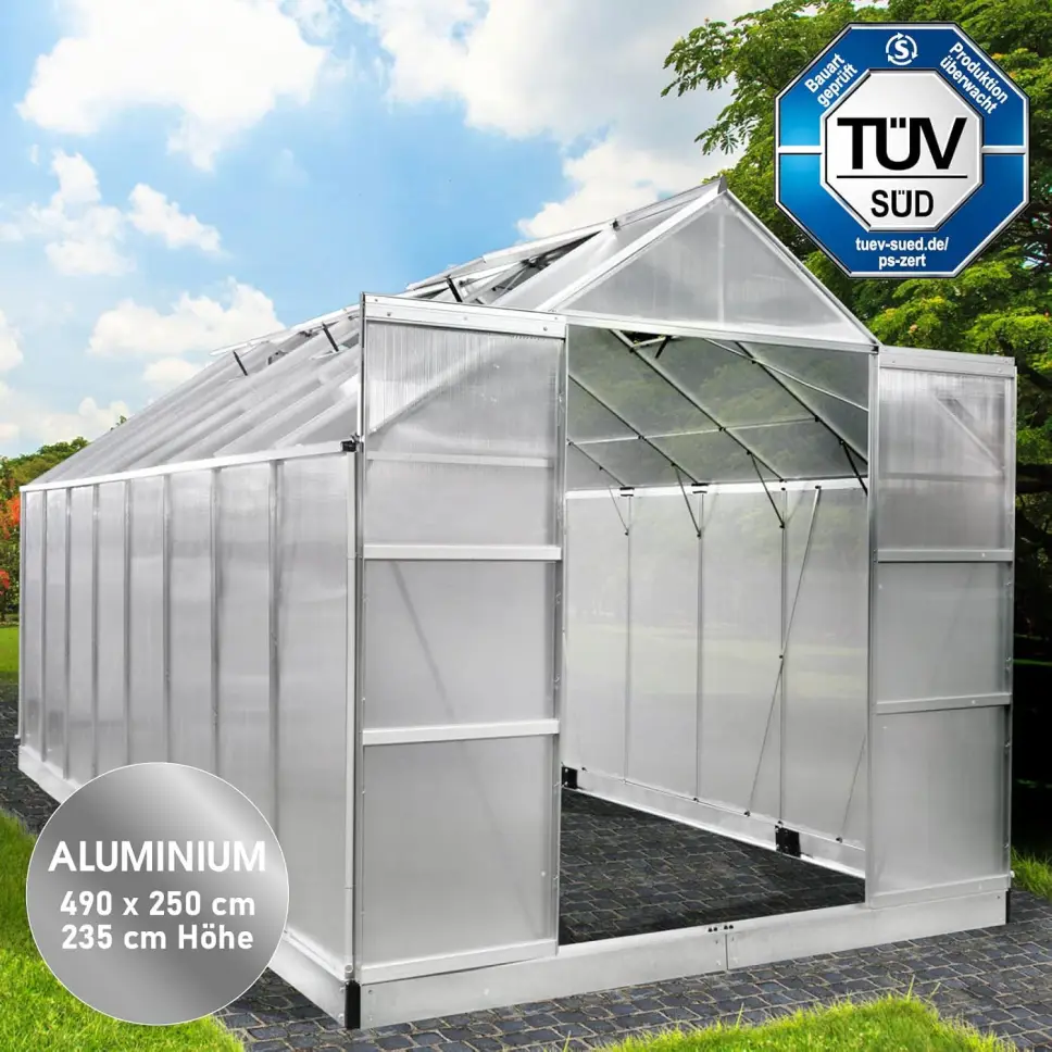 BRAST Aluminium Greenhouse with Base 490 x 250 x 235 cm, TÜV Tested, 6 mm Hollow Chamber Panels, Rustproof/Weatherproof/Temperature-Resistant