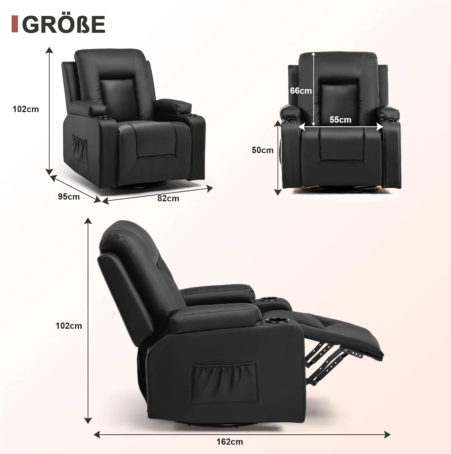 The LUCKRACER relaxation chair features a TV chair with a lounge chair and a footstool, a 360° rotating TV chair for the living room, a rocking chair with a drink rack, and two side pockets in black PU leather