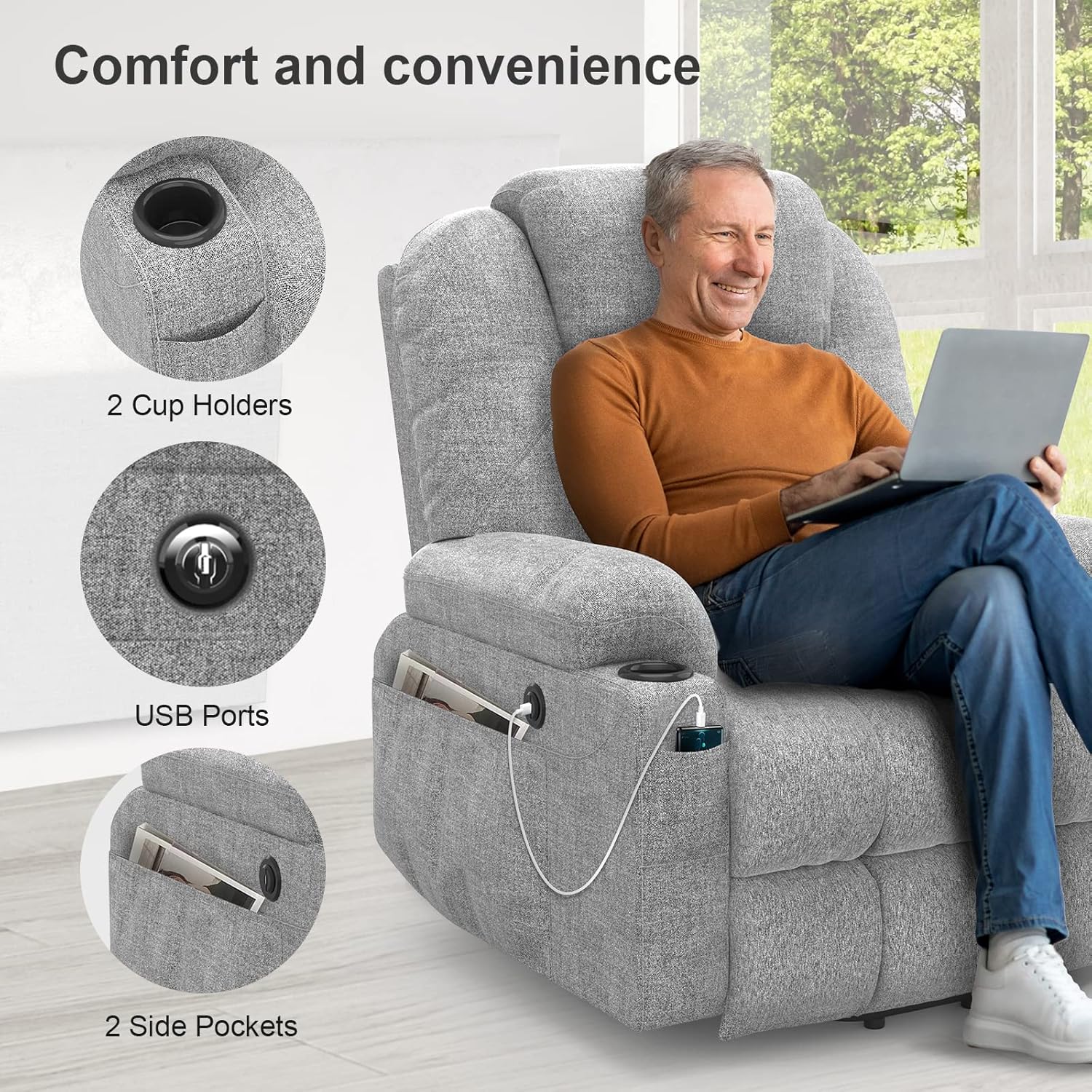 TV armchair is electrically adjustable, an auxiliary massage chair with massage heating function, a high-end armchair, a relaxation chair with feet, 2 side pockets and a drink rack, a USB interface, and is gray