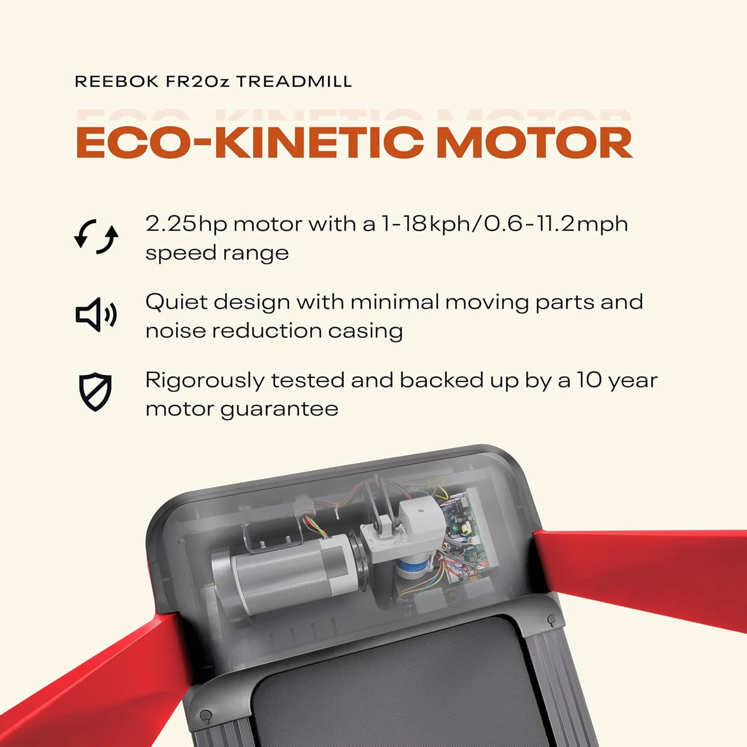 Reebok FR20z Floatride Treadmill - Red with Incline, Bluetooth, Walking or Running, 2.25 HP, 11.2 MPH, 264 lb. Capacity, Kinomap Compatible