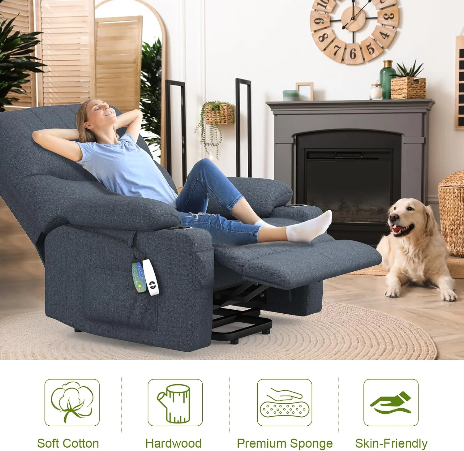 TV Armchair, relaxation armchair, Massage armchair Set 2, with heating function, standing assist, electrically adjustable relaxation armchair, TV armchair, with USB and C-shaped cup holder and bag