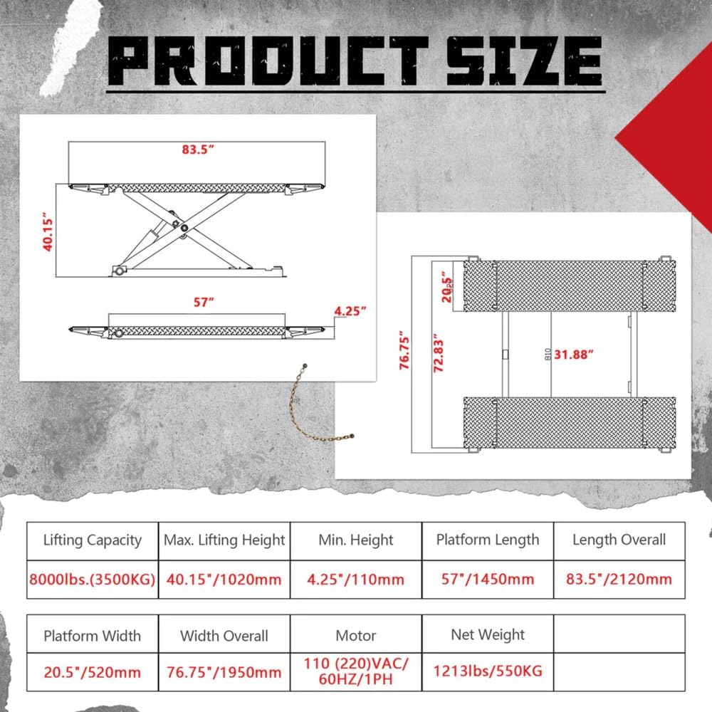 8,000 lbs Capacity Mid-Rise Scissor Car Lift Hydraulic Professional Automotive Lift for Tires