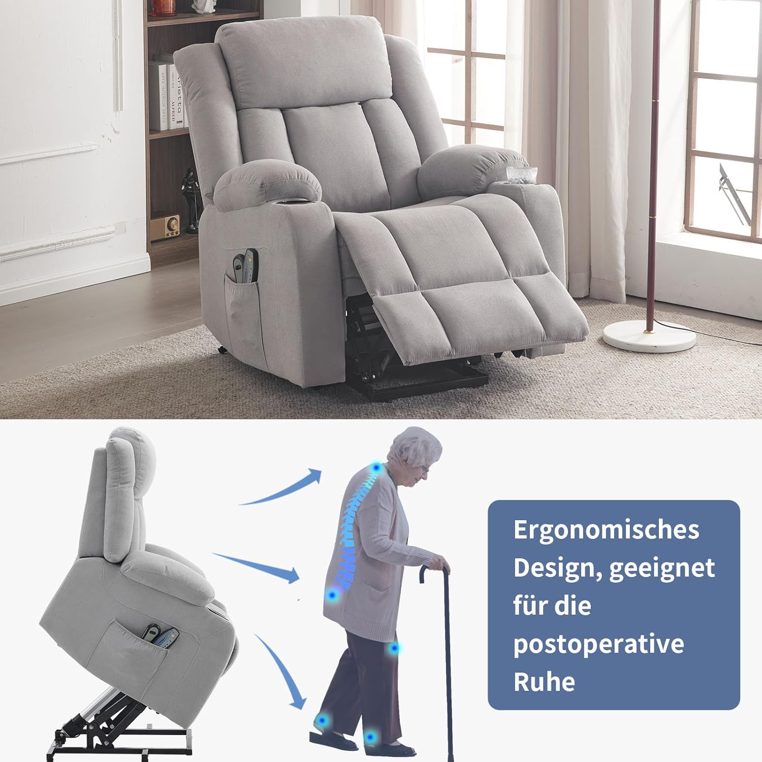 TV armchair with elevator relaxation armchair, electric massage chair with lounge chair function, lift assist, massage heating, 2 side bag drink rack, lounge chair TV armchair