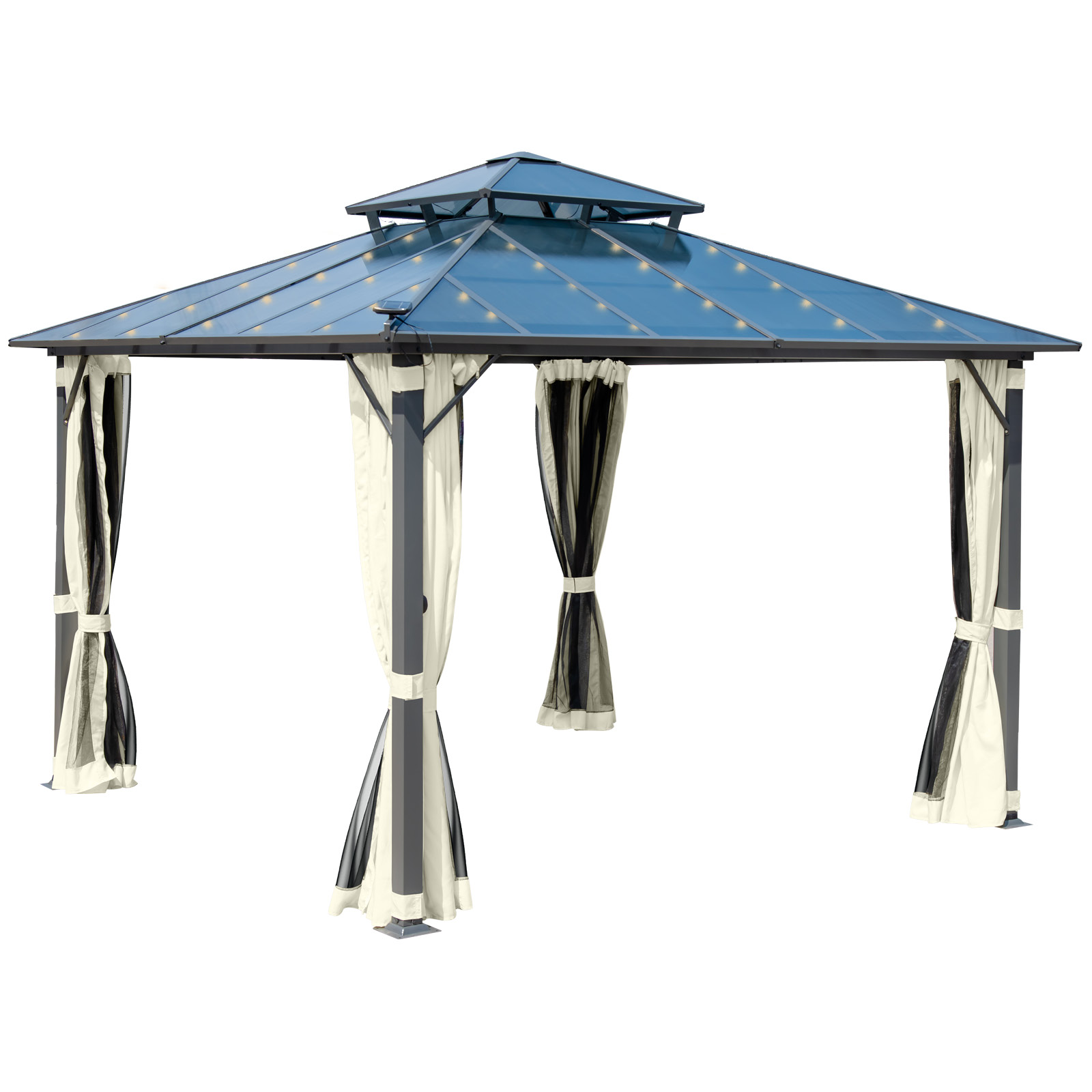 BRAST Alu Pavillon PAGODE 4x4m beige mit Moskitonetz & LED-Beleuchtung