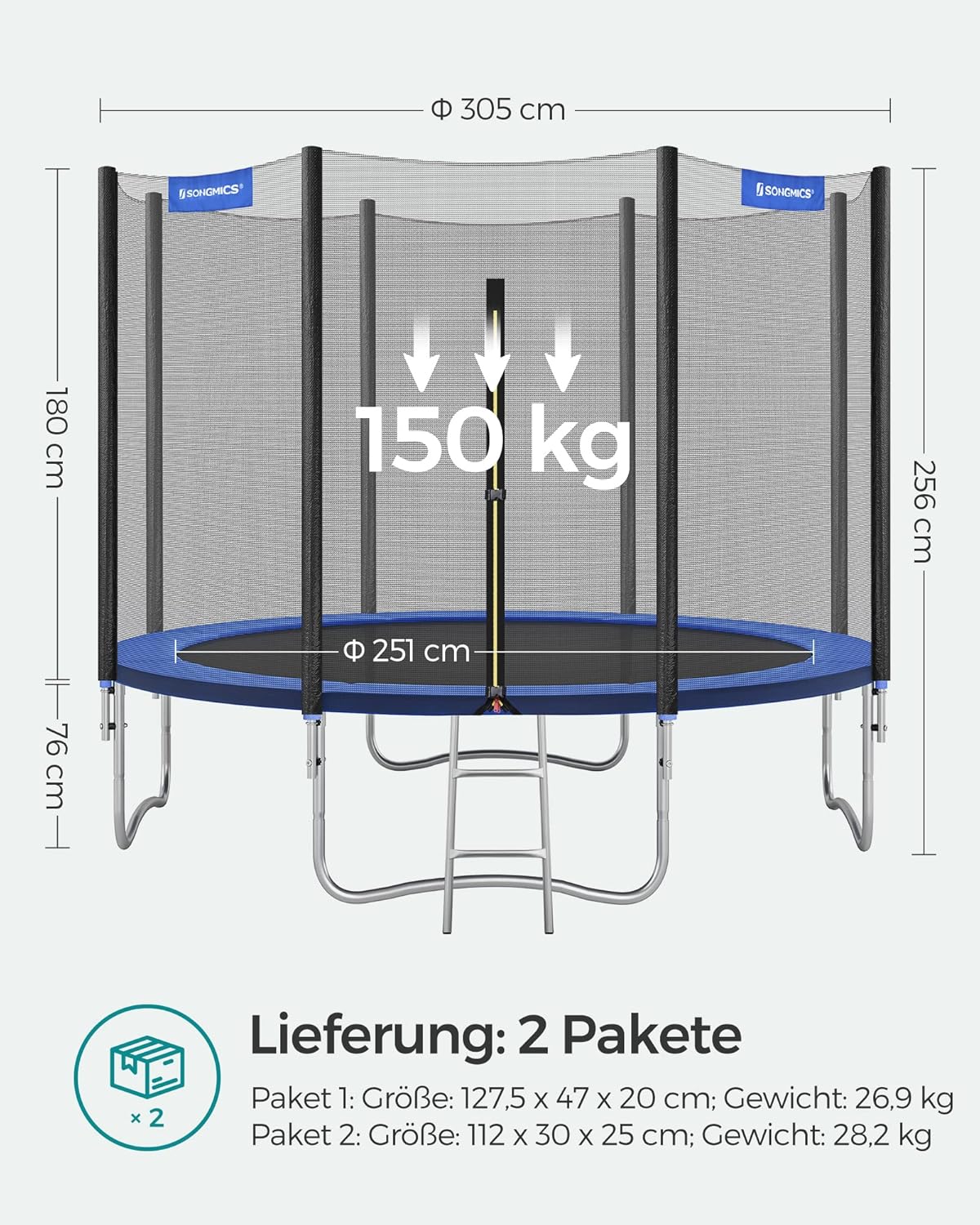 SONGMICS Outdoor Trampoline Ø 305 cm, Round Garden Trampoline with Safety Net, Ladder and Padded Poles