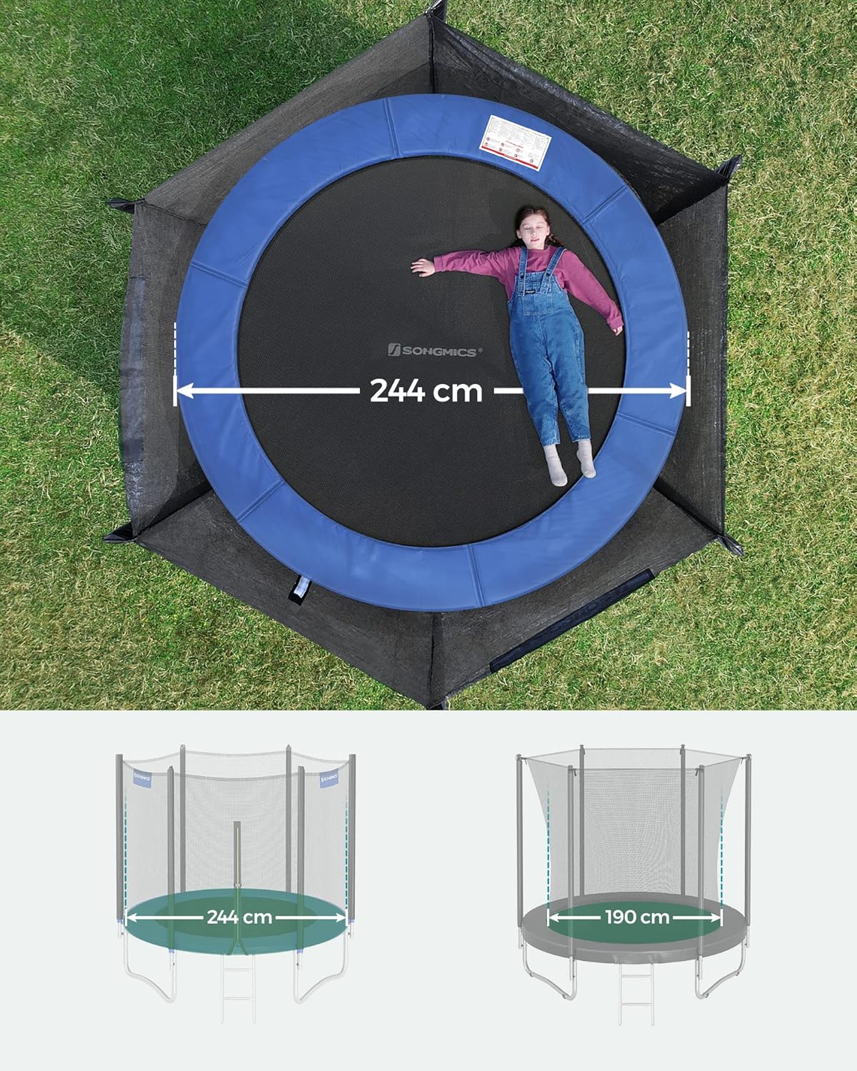 SONGMICS Outdoor Trampoline Ø 244cm, Round Garden Trampoline with Safety Net, Ladder and Padded Poles