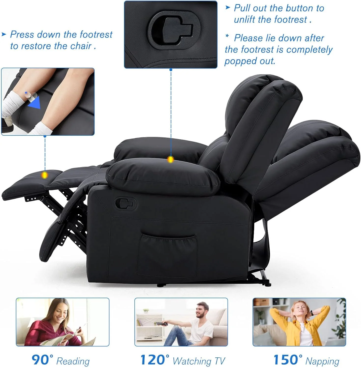 UNIONLINE lounge chair, an ergonomic TV armchair that can weigh up to 150 kilograms, a modern single artificial leather armchair with manual control, side pockets, and feet (black)