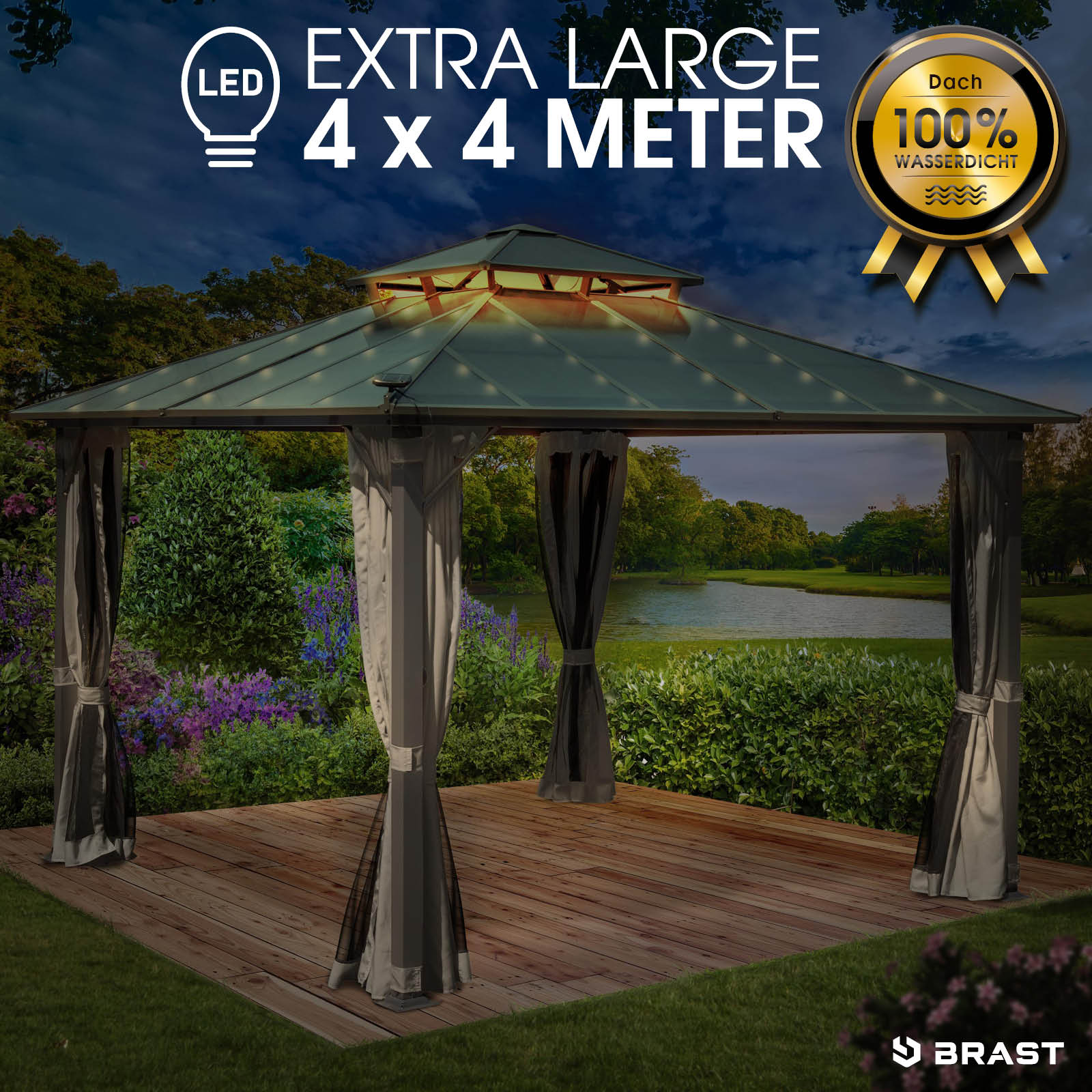 BRAST Alu Pavillon PAGODE 4x4m beige mit Moskitonetz & LED-Beleuchtung