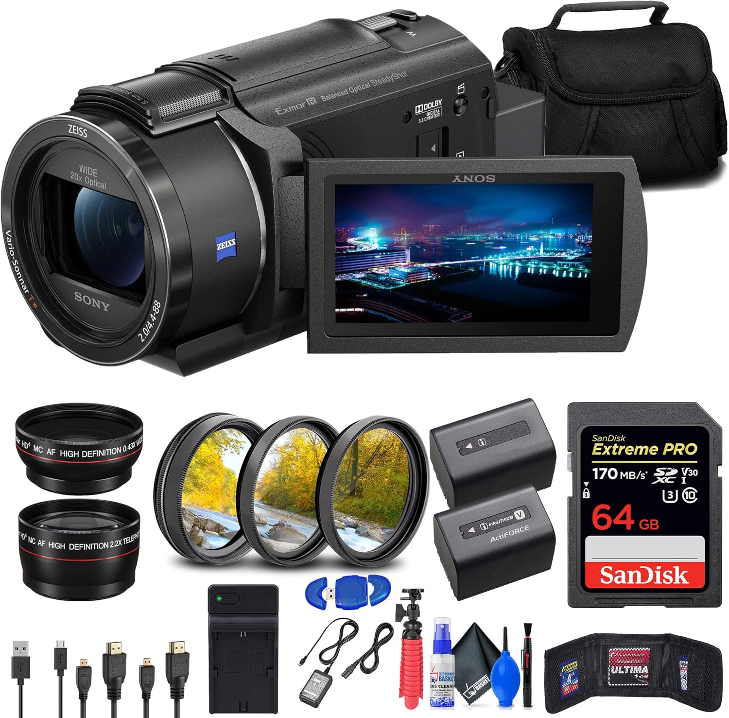Sony FDR-AX43 UHD 4K Handycam Camc (FDRAX43/B) + 64GB Memory Card + NP-FV70 Battery + Filter Kit + Wide Angle Lens + Telephoto Lens + Bag + Charger + Card Reader + HDMI Cable + More, Black (Renewed)