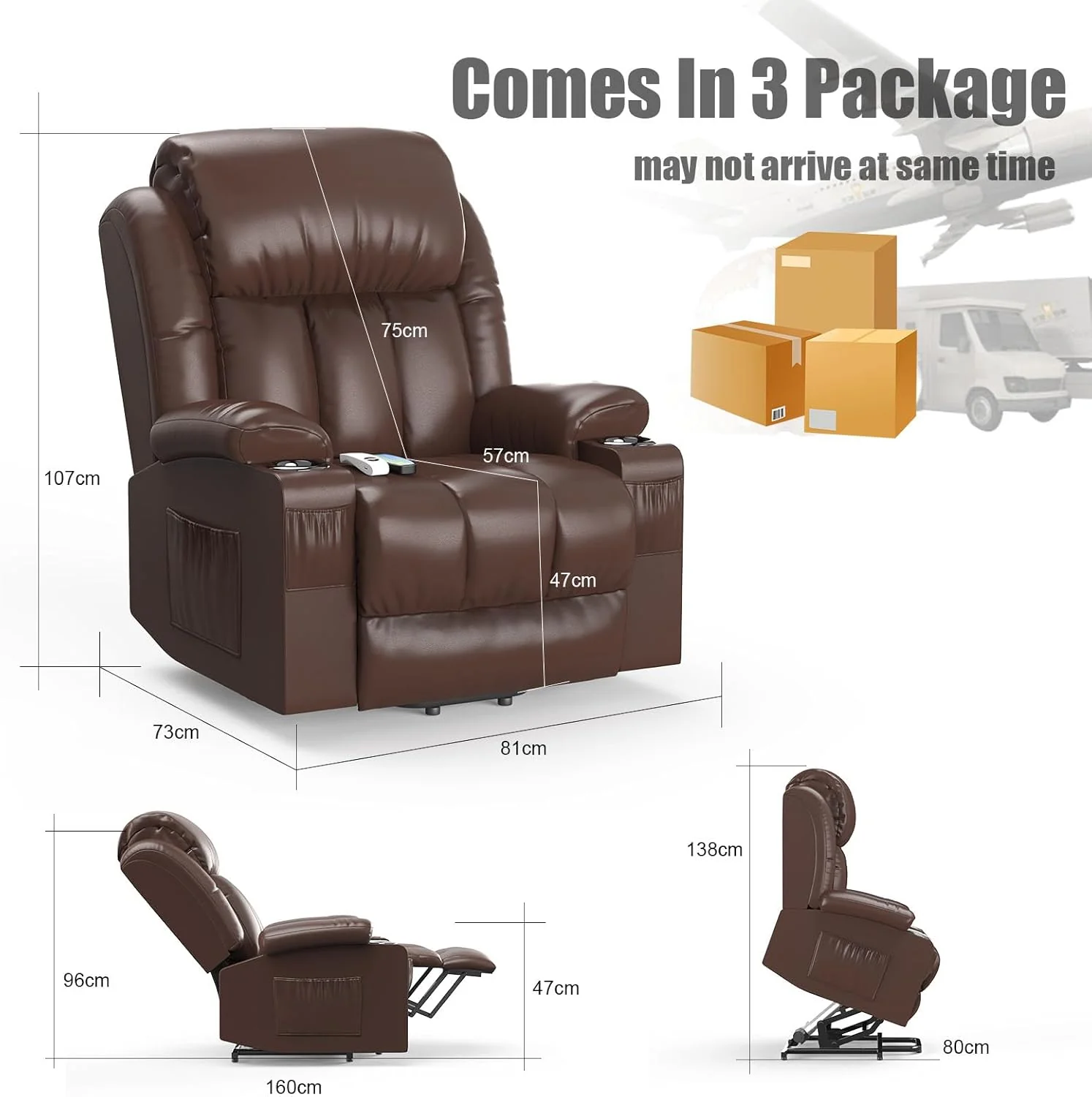 TV armchair, massage armchair, electric relaxation armchair with lounge chair function, stand up assist, massage heating, foot section, beverage rack, 4-side pocket, C-shaped and USB interface TV armchair lounge