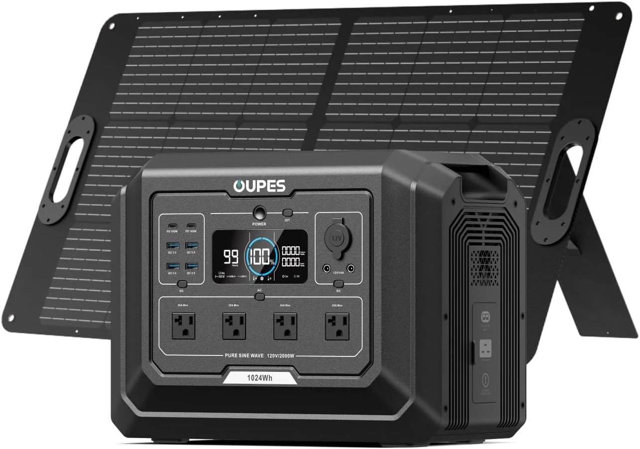 OUPES Mega 1 Solar Generator with Panels Included, 2000W Power Station + 100W Panel, 1024Wh LiFePO4 Battery, Expandable to 5120Wh, APP Control,