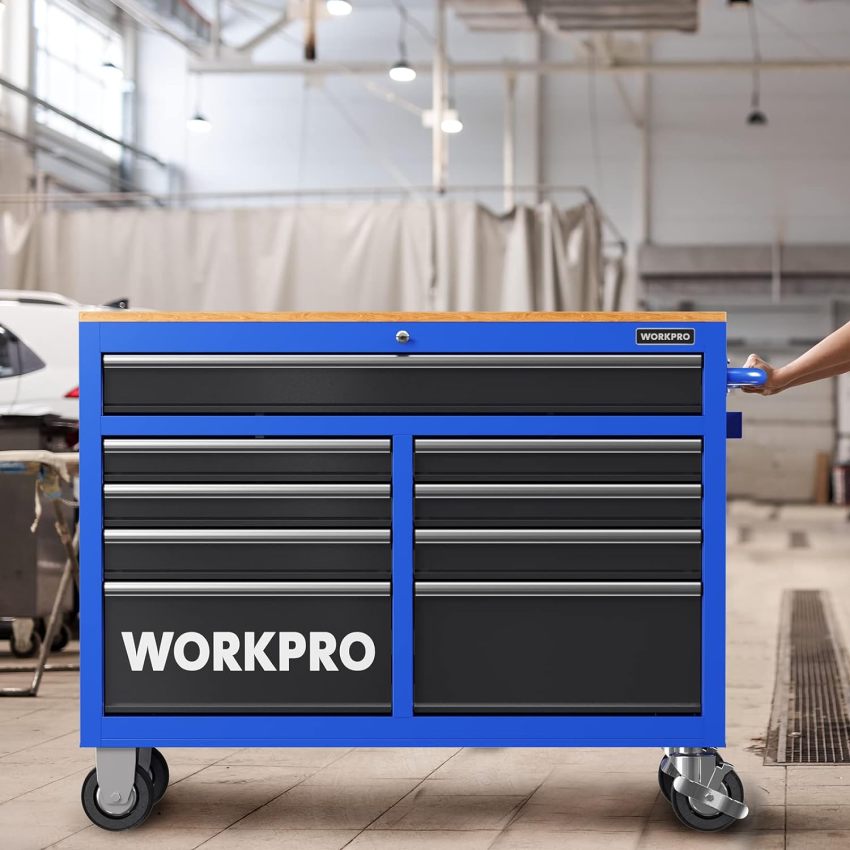 WORKPRO 46-Inch 9-Drawers Rolling Tool Chest, Mobile Tool Storage Cabinet with Wooden Top, Equipped with Casters, Handle, Drawer Liner, and Locking System, 1200 lbs Load Capacity