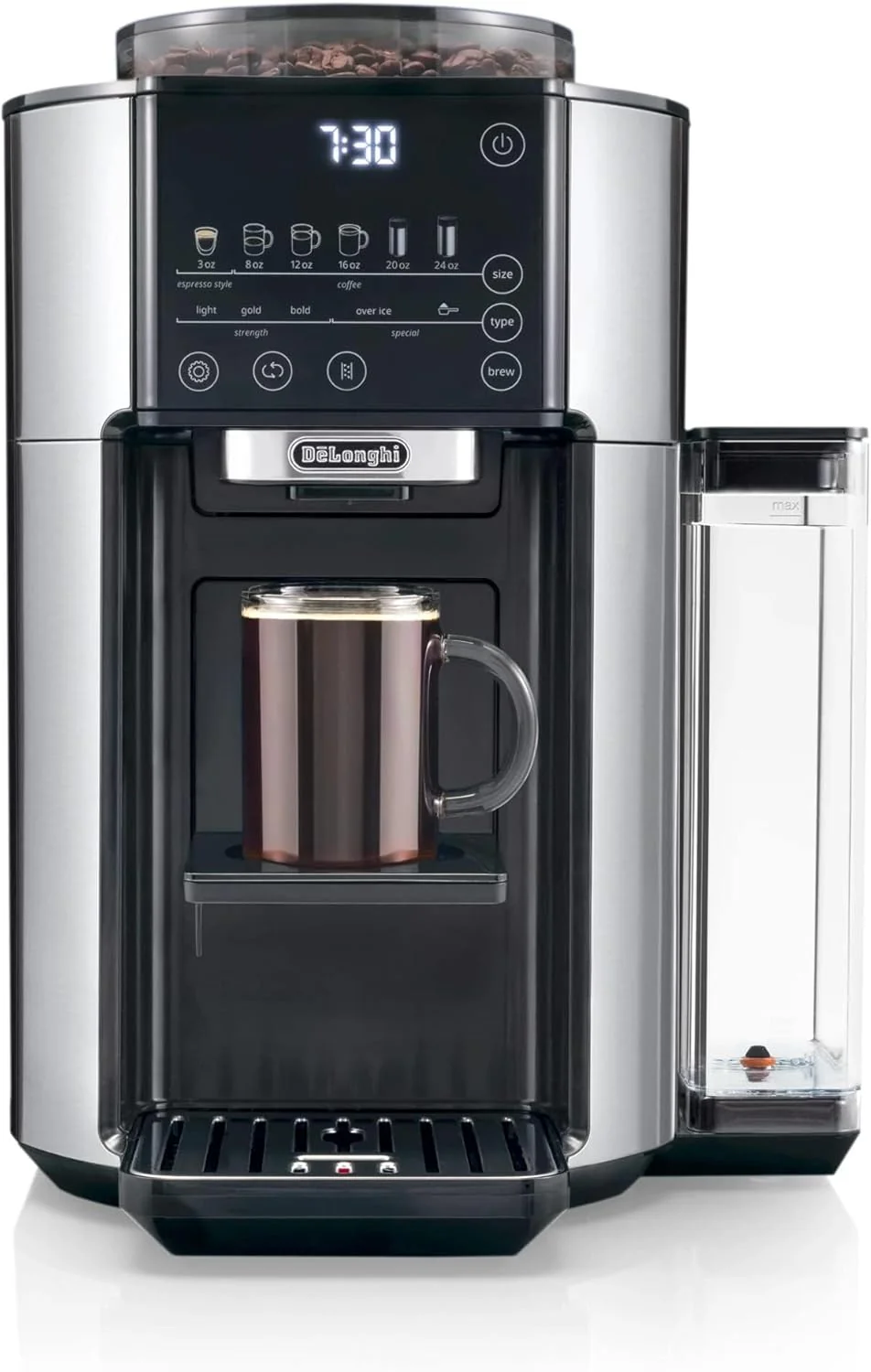 De'Longhi True Brew Drip Coffee Maker, Built in Grinder, Single Serve, 8 oz to 24 oz, Hot or Iced Coffee, Stainless, CAM51025MB