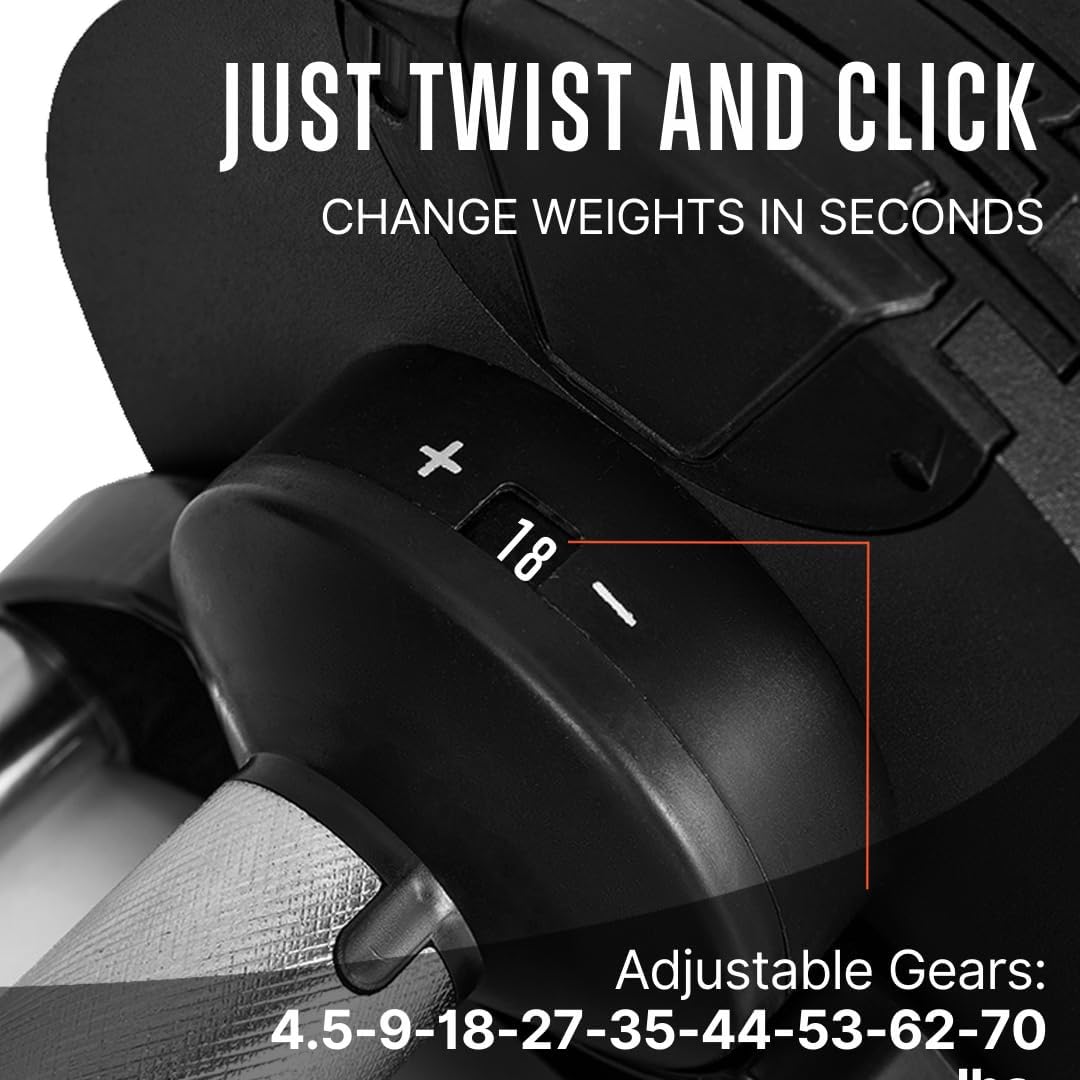 SQUATZ 70lb Adjustable Dumbbell Weight, Fitness Equipment with Anti-Slip Metal Handle, Quick Change Weight Adjustments with Twist Lock Technology, for Full Body Workout and Weightlifting