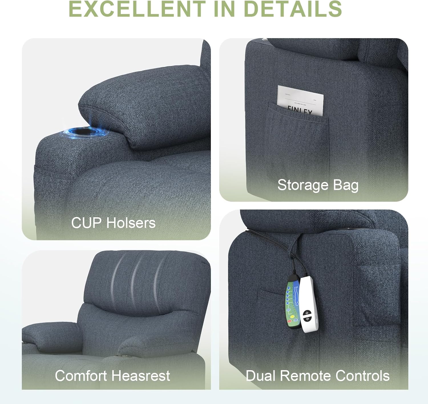 TV Armchair, relaxation armchair, Massage armchair Set 2, with heating function, standing assist, electrically adjustable relaxation armchair, TV armchair, with USB and C-shaped cup holder and bag
