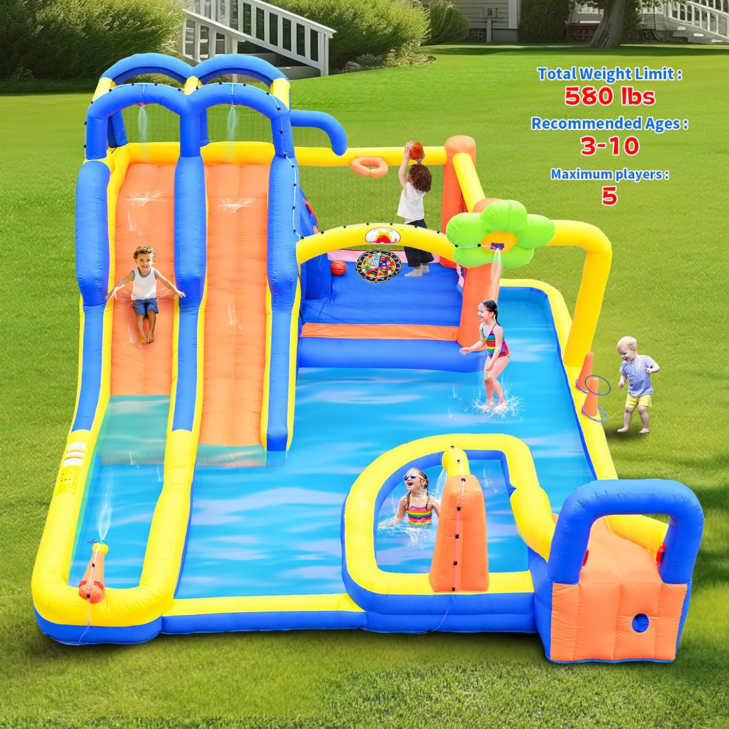 Inflatable Water 3 Slides Park with Blower, Inflatable Bounce House with Climbing Wall, Water Cannon, Dartboard, Flower Sprayer and Deep Pool