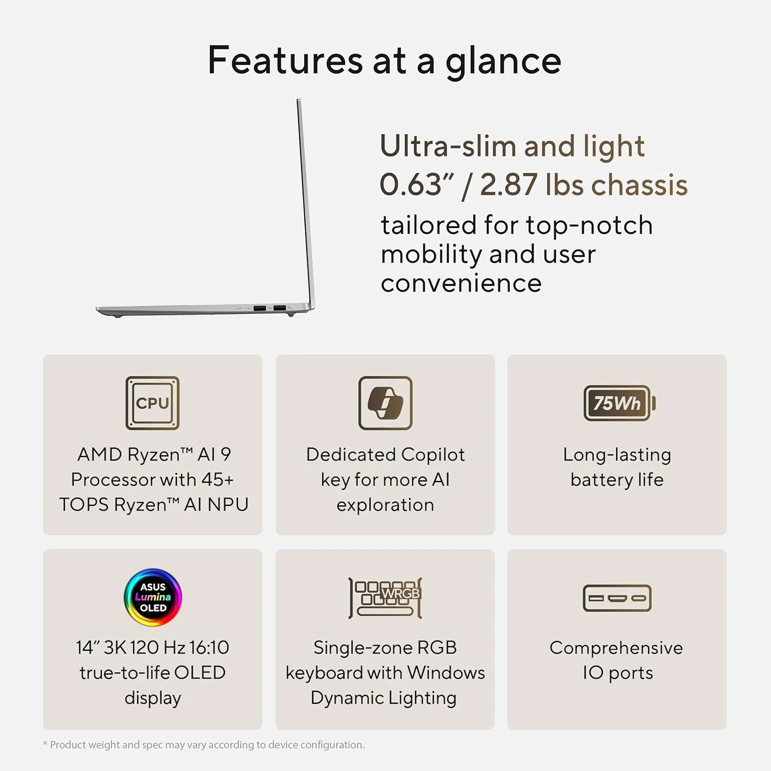 ASUS Vivobook S 14 OLED Slim Laptop, AMD Ryzen AI 9 365(10 Cores), 24GB, 1TB SSD, Customizable RGB Keyboard, Cool Silver, M5406WA-AH94
