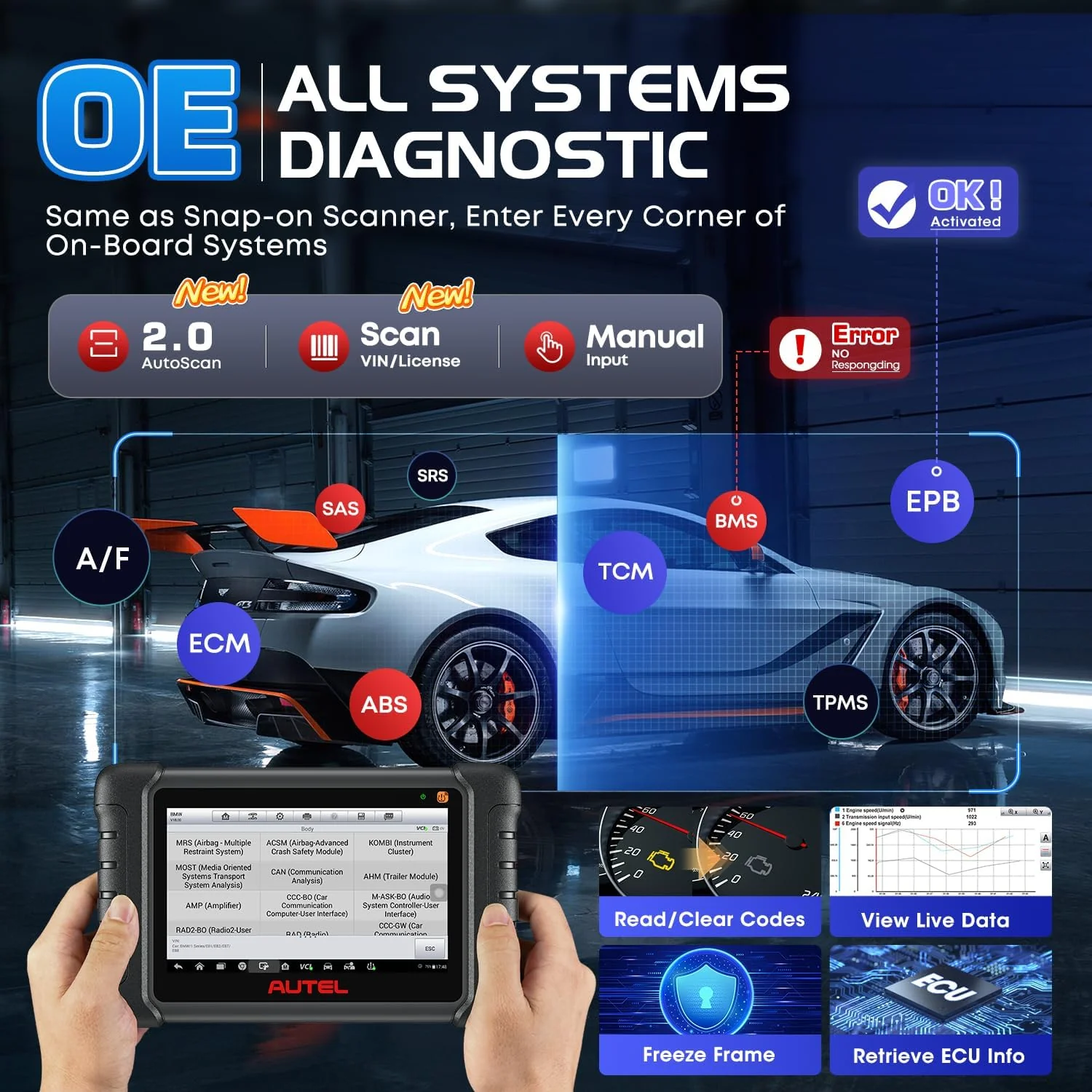 Autel Scanner MaxiCOM MK900BT: 2025 8in MK900-BT V2.0 Bidirectional Scan Tool, 33ft BT Ver. of MK900 MX900 MK808S MK808BT PRO MX808S MK808Z, 40+ Service, 3K+ Active Tests, DOIP CANFD, All System, FCA